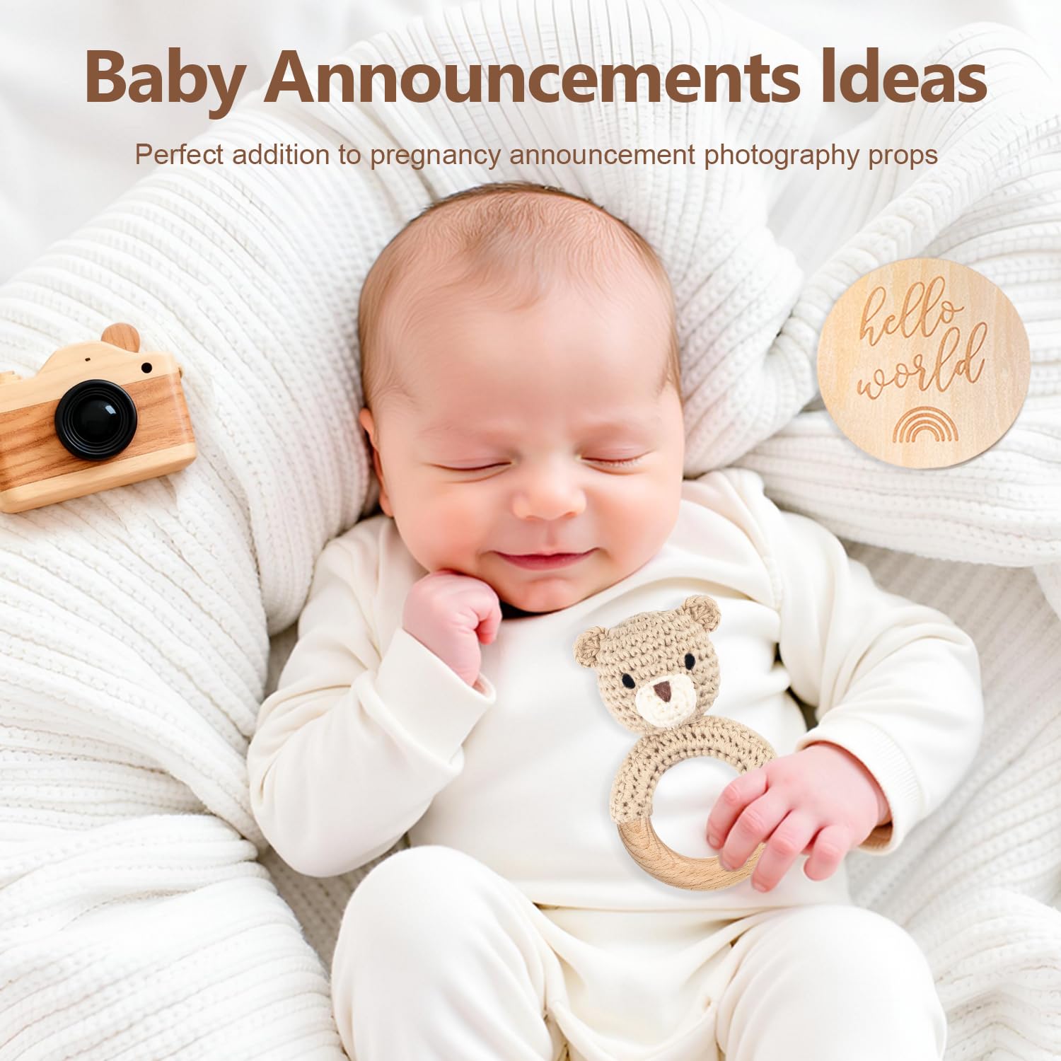 Wooden Baby Rattle, Handmade Crochet Stuffed Animal Organic Rattle Toys, Beige Bear Rattles for Babies 0-6 Months with Wood Teething Rings, Baby Announcements Ideas