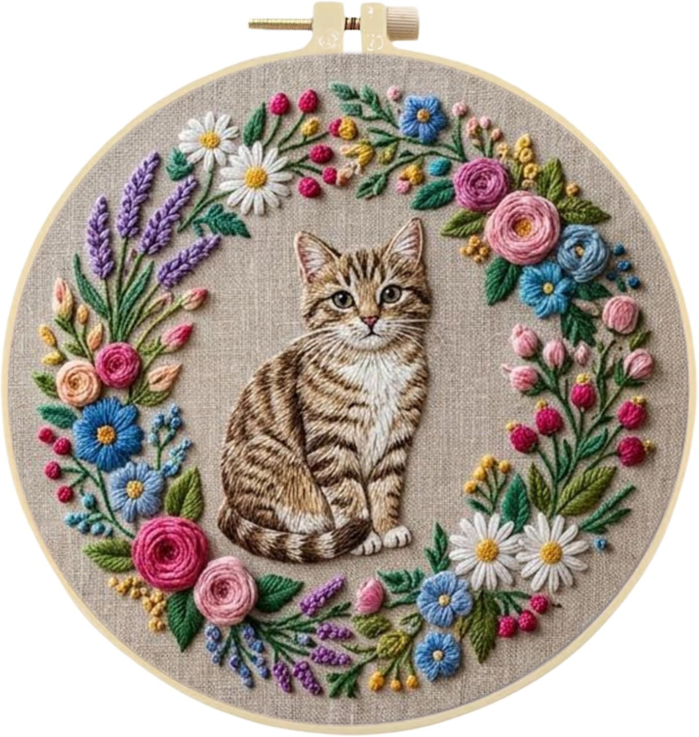 Colorful Flower Wreath Cat Embroidery Starter Kit for Beginners, Stamped DIY Needlecraft Kit Includes 7.8" Hoop, Color Threads, Tools & Instruction, Arts Crafts for Home Decor, Gifts