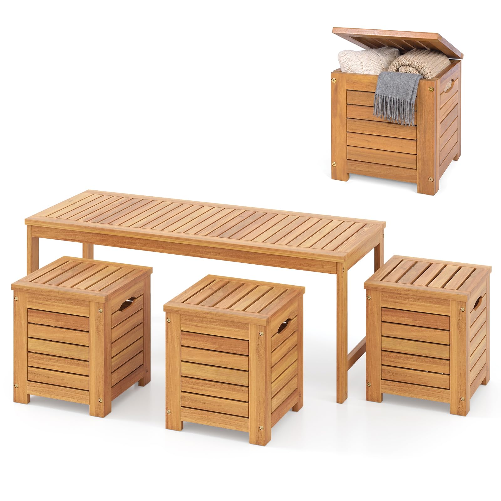 COSTWAY Banco Jardín de Madera Acacia con 3 Cajas de Almacenamiento, Banco Exterior sin Respaldo con Listones, Cajas de Tapa, Terraza Porche Balcón Piscina, 115 x 45 x 46 cm