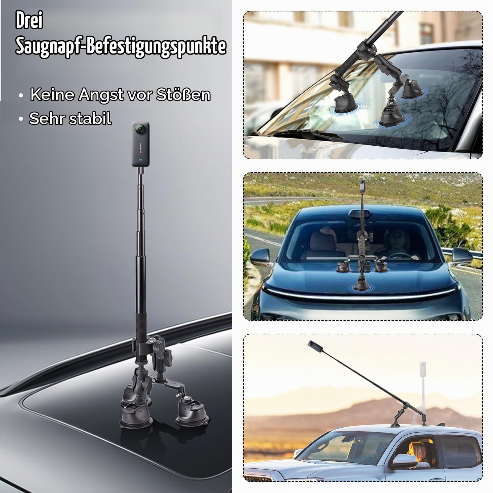 Dreifach Saugnapf Autohalterung Set, Auto Dreifach Saugnapfhalterung und Klemme für Insta360 Gopro Akaso Action Kamera, 28-112 cm Einziehbarer Selfie Stick Magic Arm Kamerahalterung