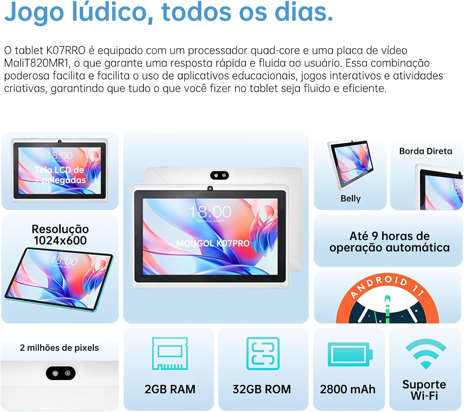 71B36ZK7qeL._AC_SL1500_ MOUGOL Tablet K07PRO, 2GB RAM 32GB ROM, Tela LCD de 7 polegadas, Wifi/BT4.2/GPS, Câmeras frontal e traseira de 2MP, Sistema Android 11