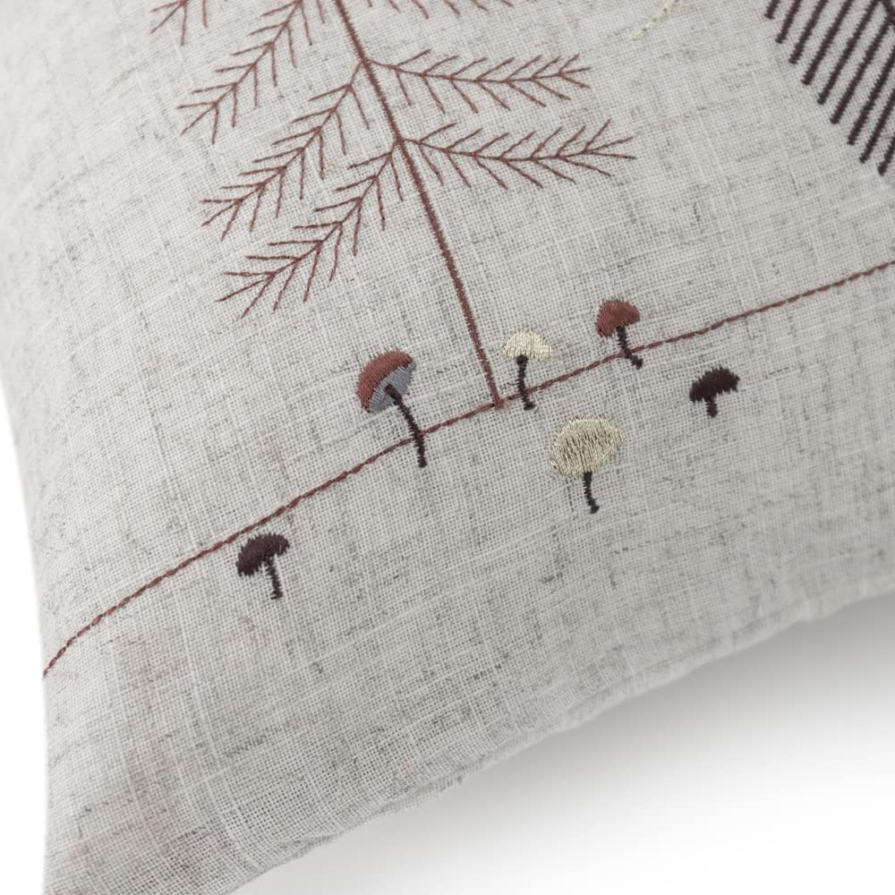 JWH Christmas Deer Throw Pillow Covers Cute Trees Rabbit Mushroom Embroidery Accent Pillow Case Linen Pillowcase Decorative Cushion for Farmhouse Floor Couch Deocr Shams 14x20 Inch Beige Brown