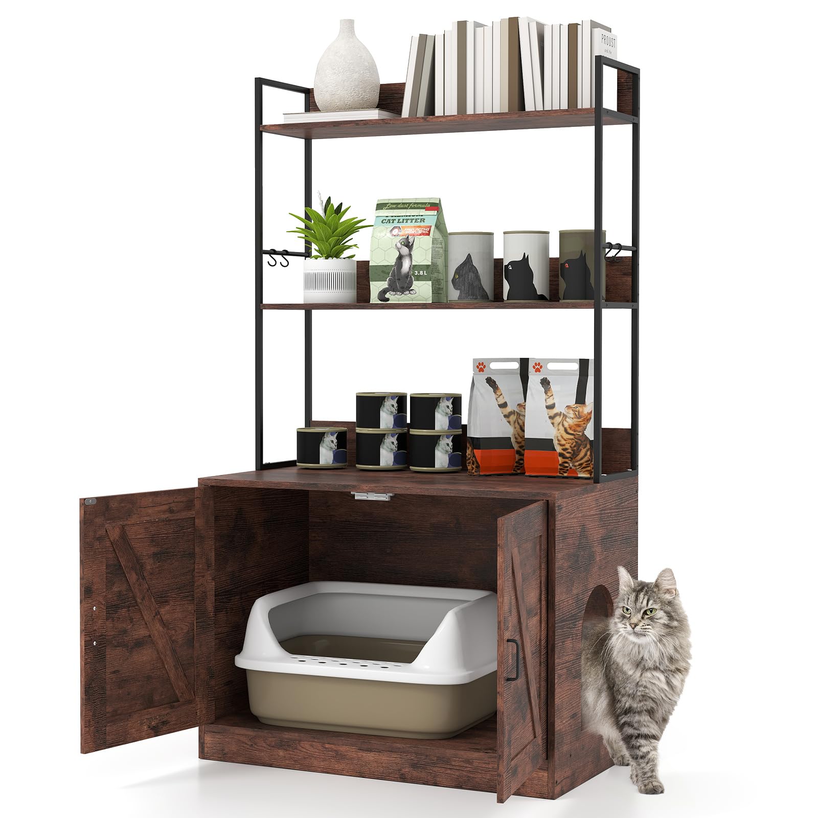 COSTWAY Cat Litter Box Enclosure, Hidden Cats Washroom Furniture with 3-tier Storage Shelves, 2-Door Cabinet, 4 Hooks, Wooden Cat House Bookshelf (Rustic Brown)