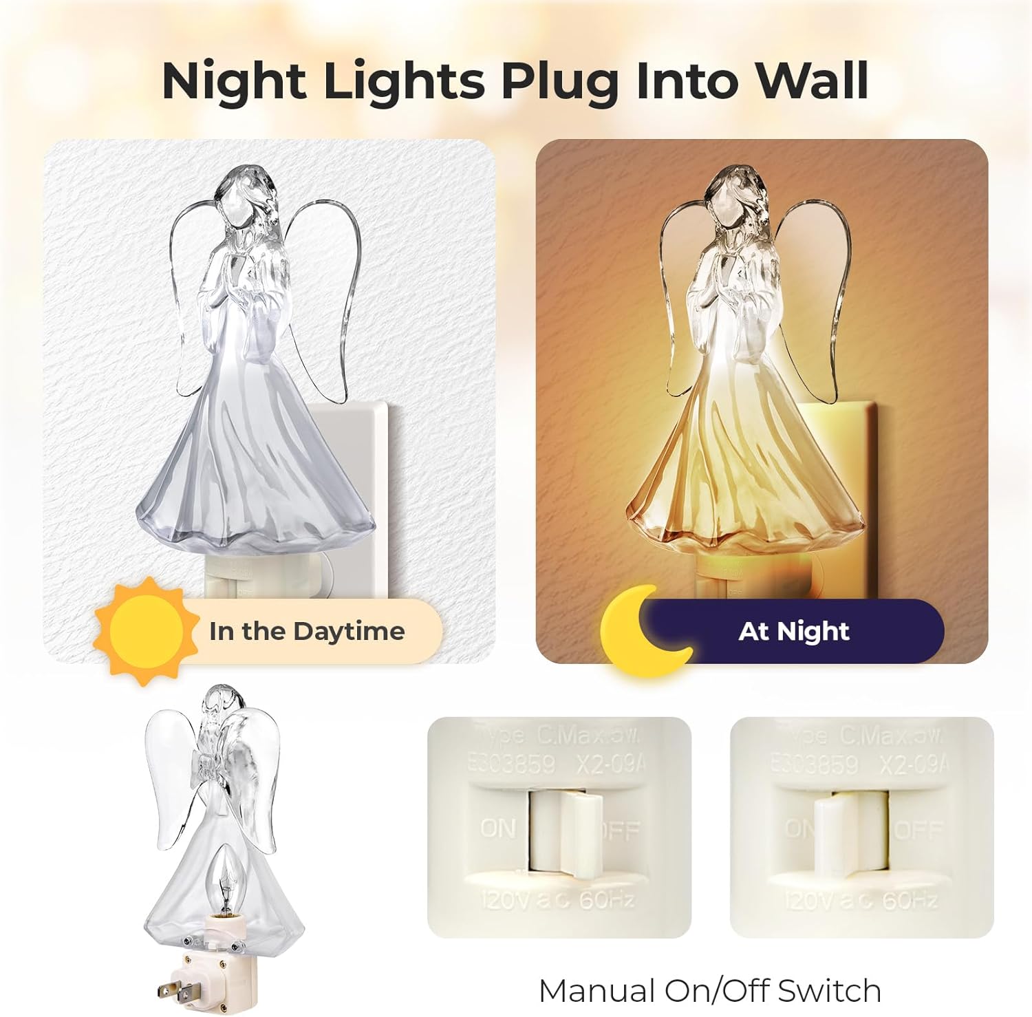 2PCS Praying Angel Night Light Plug into Wall with 5w C7 Bulb, 360 Degree Swivel Plug with ON/Off Switch Angel Night Light for Bedroom Bathroom Kitchen Hallway, Holidays Gifts for Christmas