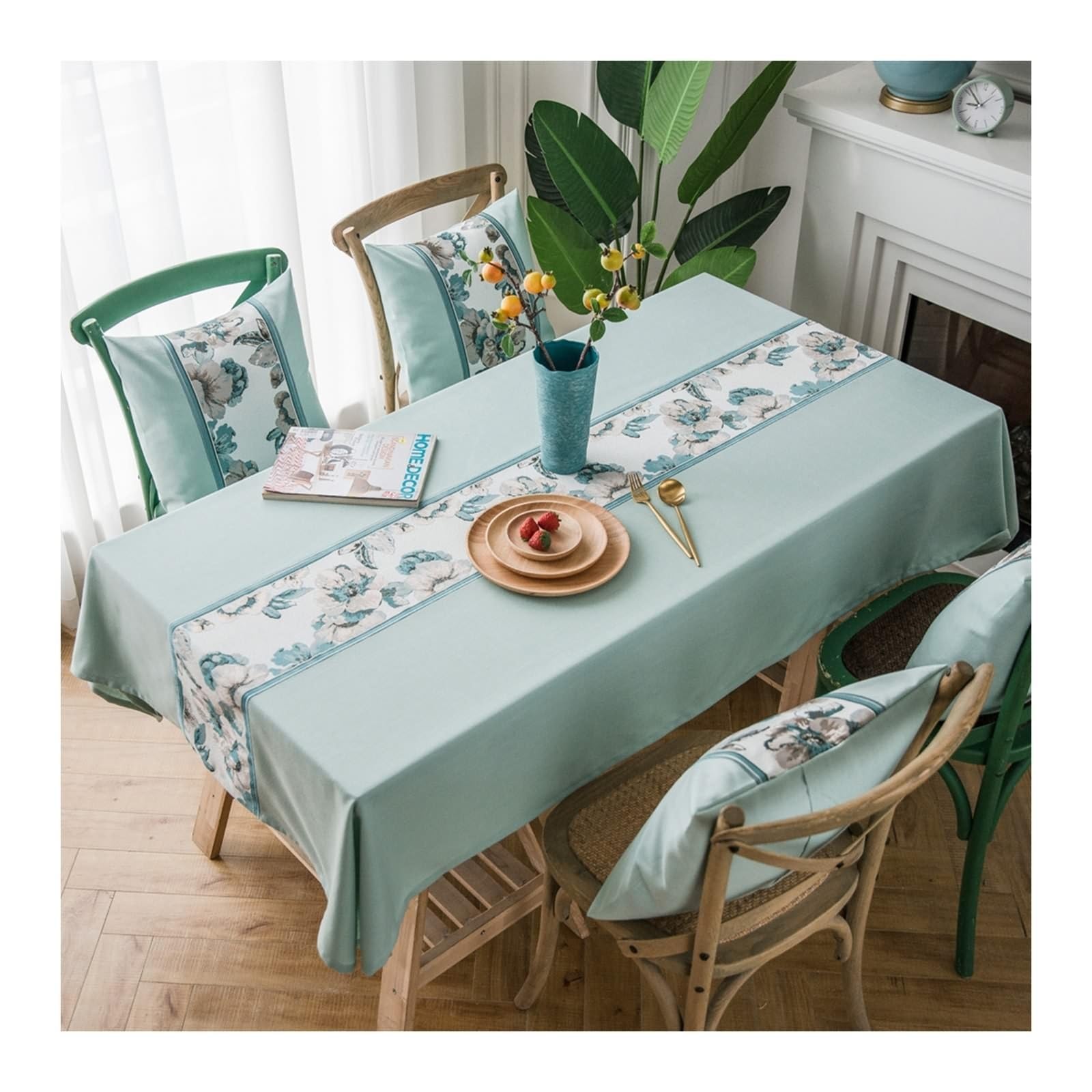 Tablecloth zielony, poliester zmywalny obrus haft kwiatowy obrus prostokątny 135 x 220 cm
