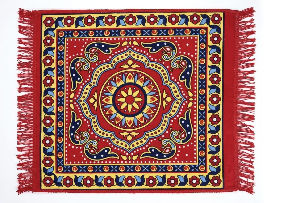 Quilted Velvet Pooja Aasan 60x60 cm Red Mandala Prayer Mat | Fringe Border, Traditional Design, Decorative Mat, Square Shape, Red & Yellow-picture-11