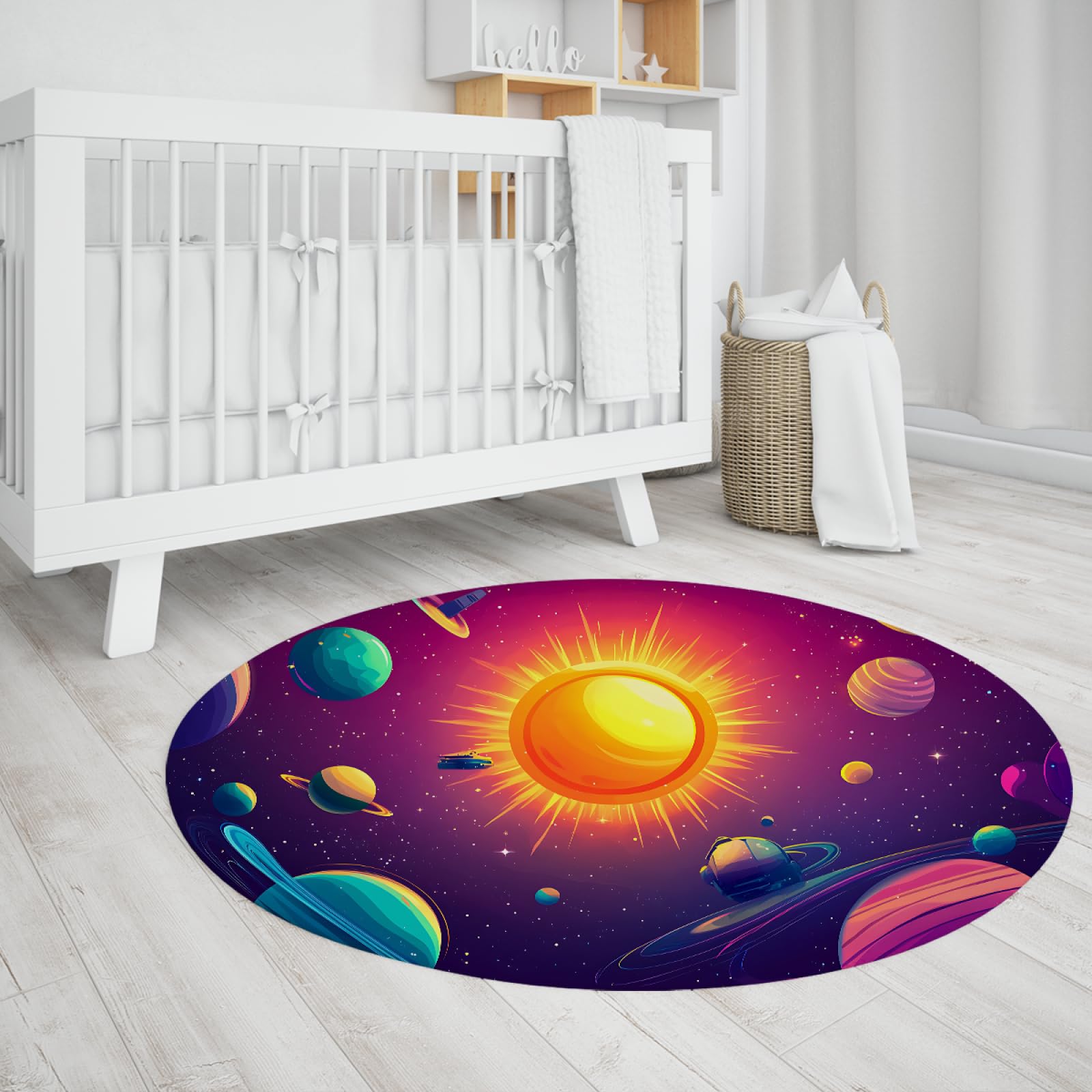 Tappeti rotondi Sun - Tappeti antiscivolo pianeti colorati Tappeto lavabile a pelo corto per sala giochi Lavanderia Stanza dei giochi Sala giochi Sala studio 200cm