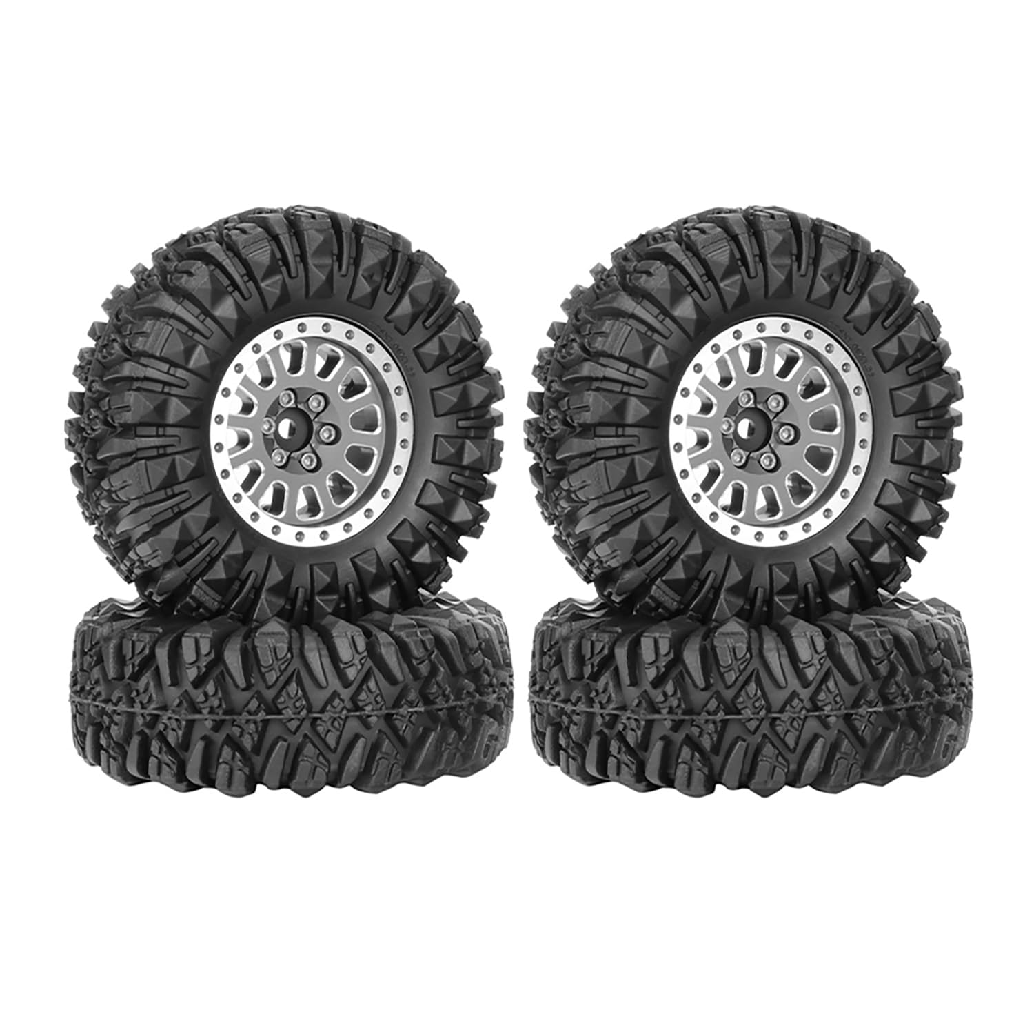 KINGCOO 4PCS 1.33" Aluminum Alloy Beadlock Wheel Rims All-Terrain Tyre 70mm Rubber Tires Set with 5mm & 7mm Hex for 1/12 1/14 1/18 1/24 RC Rock Crawler Car Upgrade Parts (B-Gray)