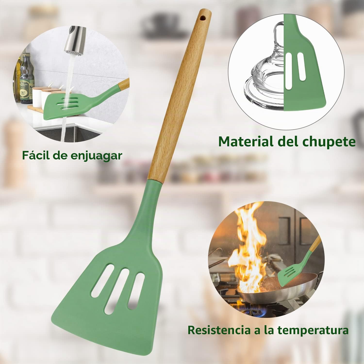 Juego de utensilios de cocina,13 juegos de silicona de cocina resistente al calor, con bandeja, juego de espátula de cocina con mango de madera (verde aguacate)