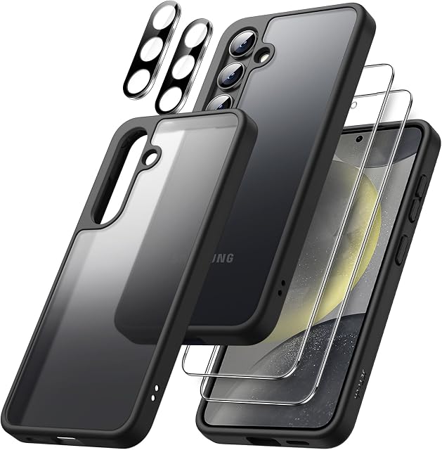 JETech 5 w 1 Etui Matowe do Samsung Galaxy S24 Plus 5G z 2 Sztuki Ochraniacz Ekranu i Osłona Obiektywu Aparatu, Półprzezroczysta Tylna Ochronna Osłona, Szkło Hartowane Film (Czarny)