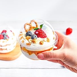 Zezzxu 50 Pack 9 oz Plastic Dessert Cups with Dome Lids (No Hole) and Sporks, Clear Disposable Fruit Cups with Lids for Yogurt Parfait Ice Creams Pudding Cakes