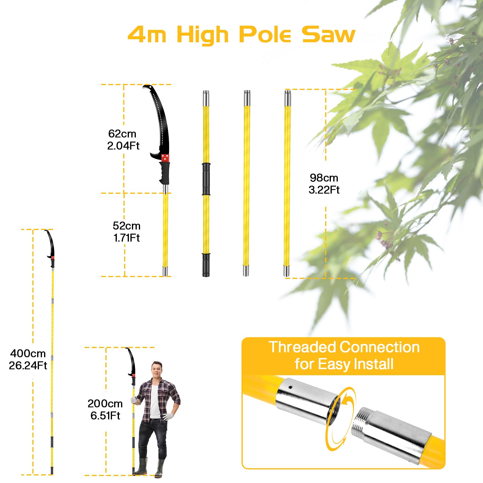 Segaccio Telescopico 4M per Potatura Alberi,Sega Telescopica per Potatura Professionale con Lama in Acciaio al Carbonio,Seghetto Potatura Regolabile per Tagliare Rami Alti, Palma,Giardinaggio