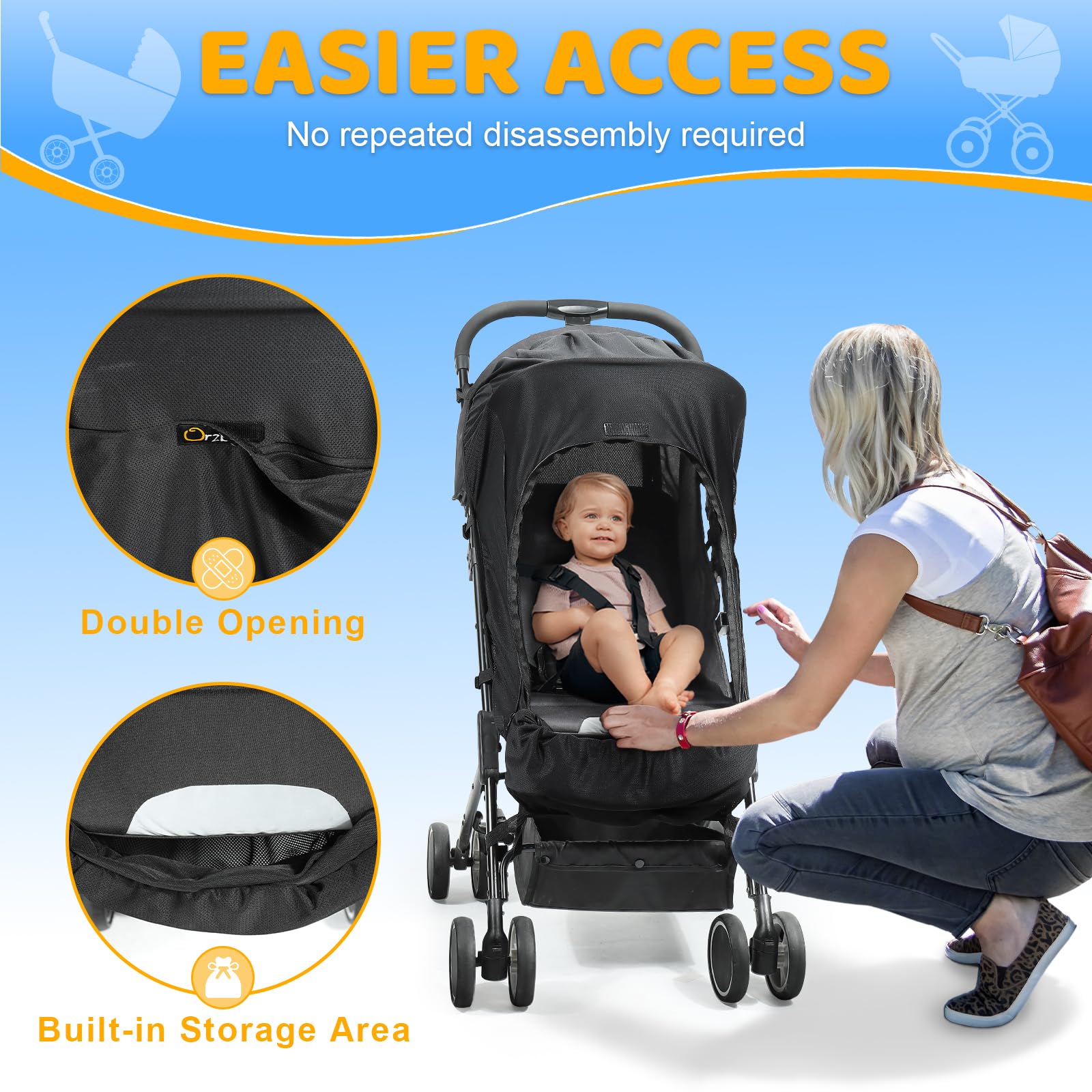 Orzbow Pram Sun Shade, Breathable Sun Shade for Pram with Mosquito Net & Zip, Universal Buggy Sun Shade with Double Opening, Strong Sun Shading, Easy Access, Blocks 95% UV(UPF 50+), Black — view 4