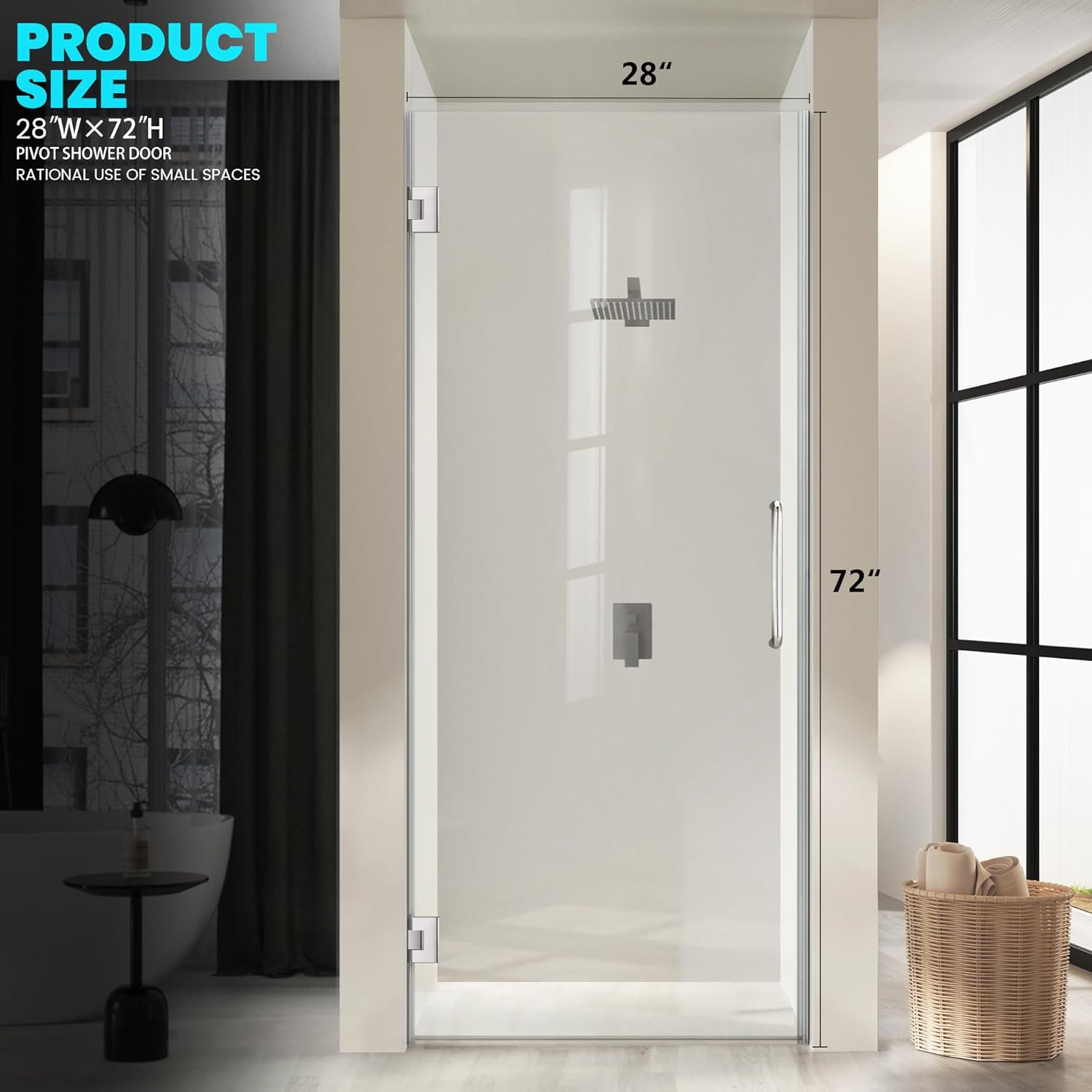 Bathroom Hinged Shower Door - 28" W×72" H, 5/16"(8mm) Thick Clear Tempered Glass Shower Door, Frameless Fixed Glass Panel with Handle&Clamps, Brushed Nickel