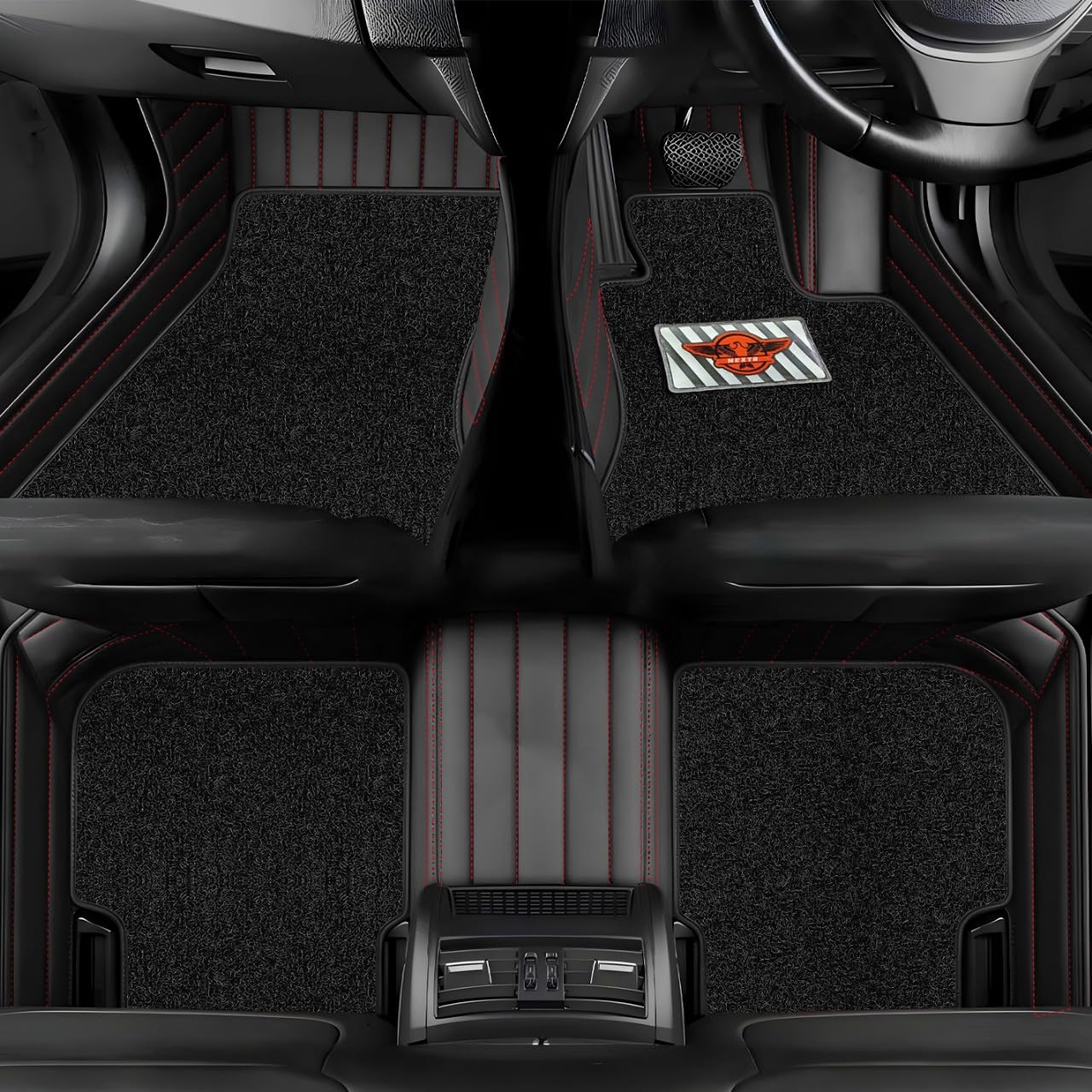 Premium 12D Car Foot Mat for Mahindra 7XO | Luxury Leather | Double Layered | Waterproof and Washable | Custom Fit | Detachable Grass Mat | Black and Red-image-16