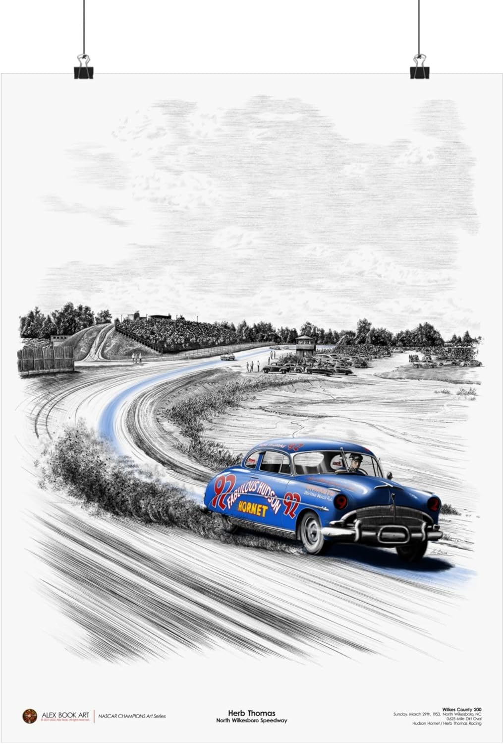 1953 North Wilkesboro Speedway Art Print | Herb Thomas Hudson Hornet Ink & Watercolor Wall Art | NASCAR Retro Race Car Poster | Best Home, Office, Garage Décor Gift for Racing Fans