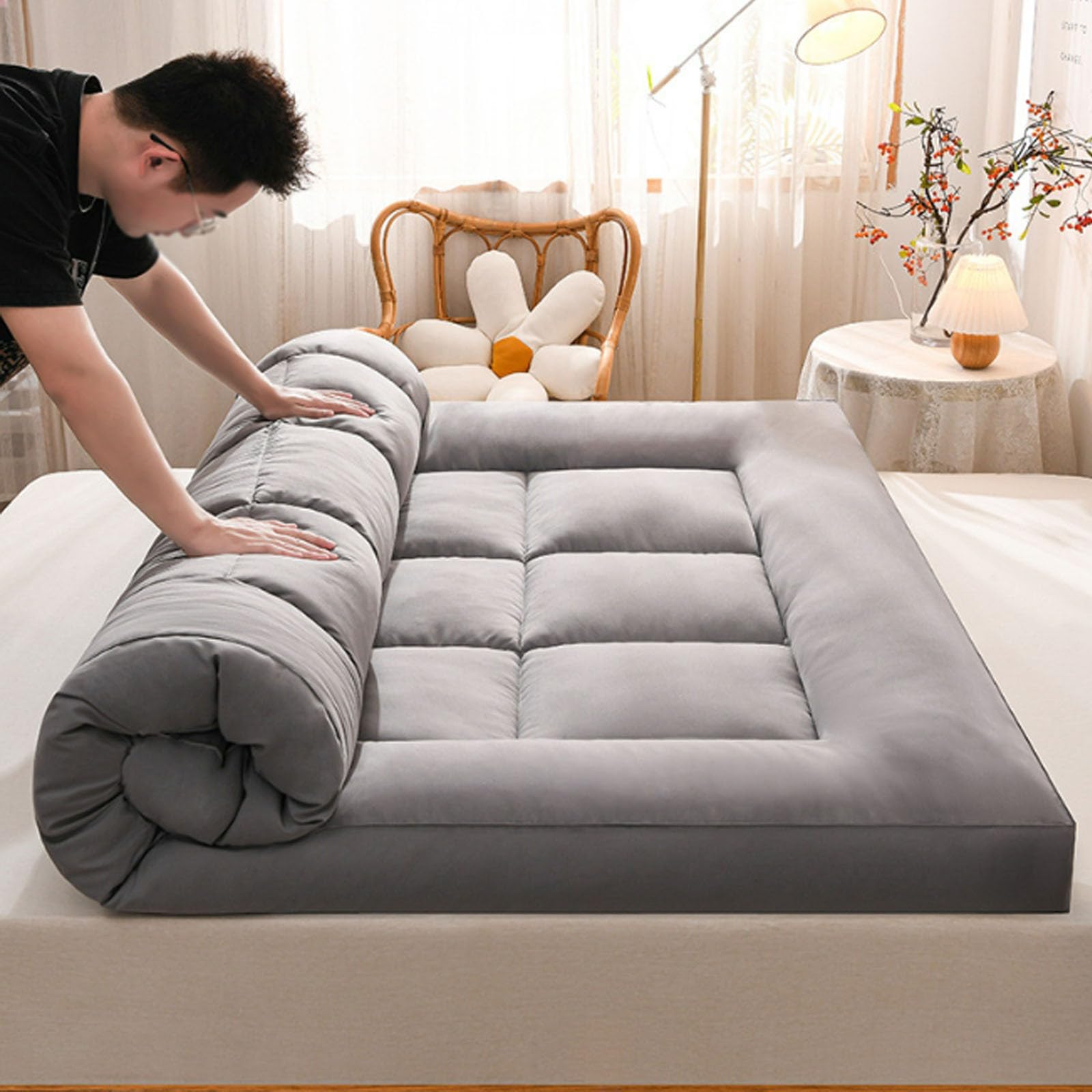 Materasso futon Giapponese Spesso Trapuntato per Soggiorno, Campeggio, dormitorio e Comfort in Viaggio(Gray,90 * 190cm)