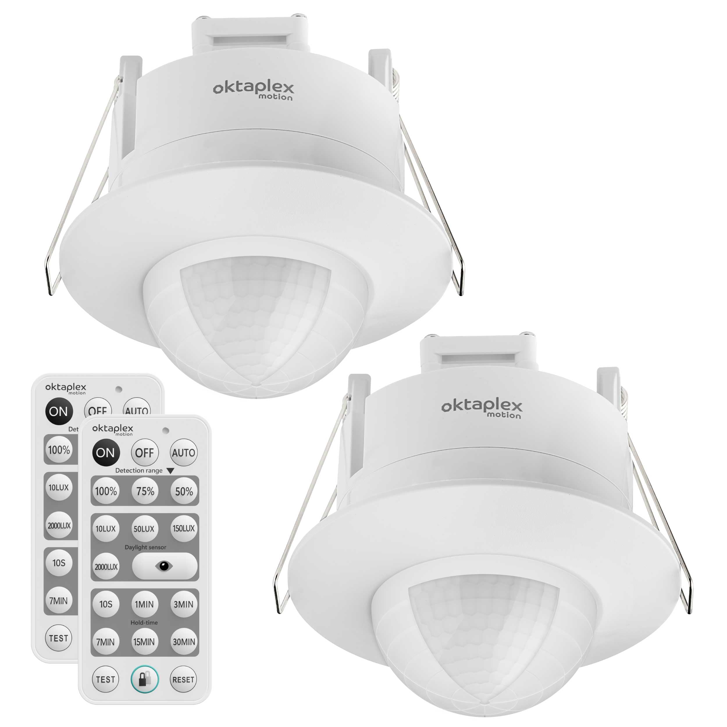 Oktaplex Sam - Juego de 2 detectores de movimiento empotrables (360°, incluye mando a distancia, sensor de movimiento por infrarrojos, 230 V, empotrable, interior), color blanco