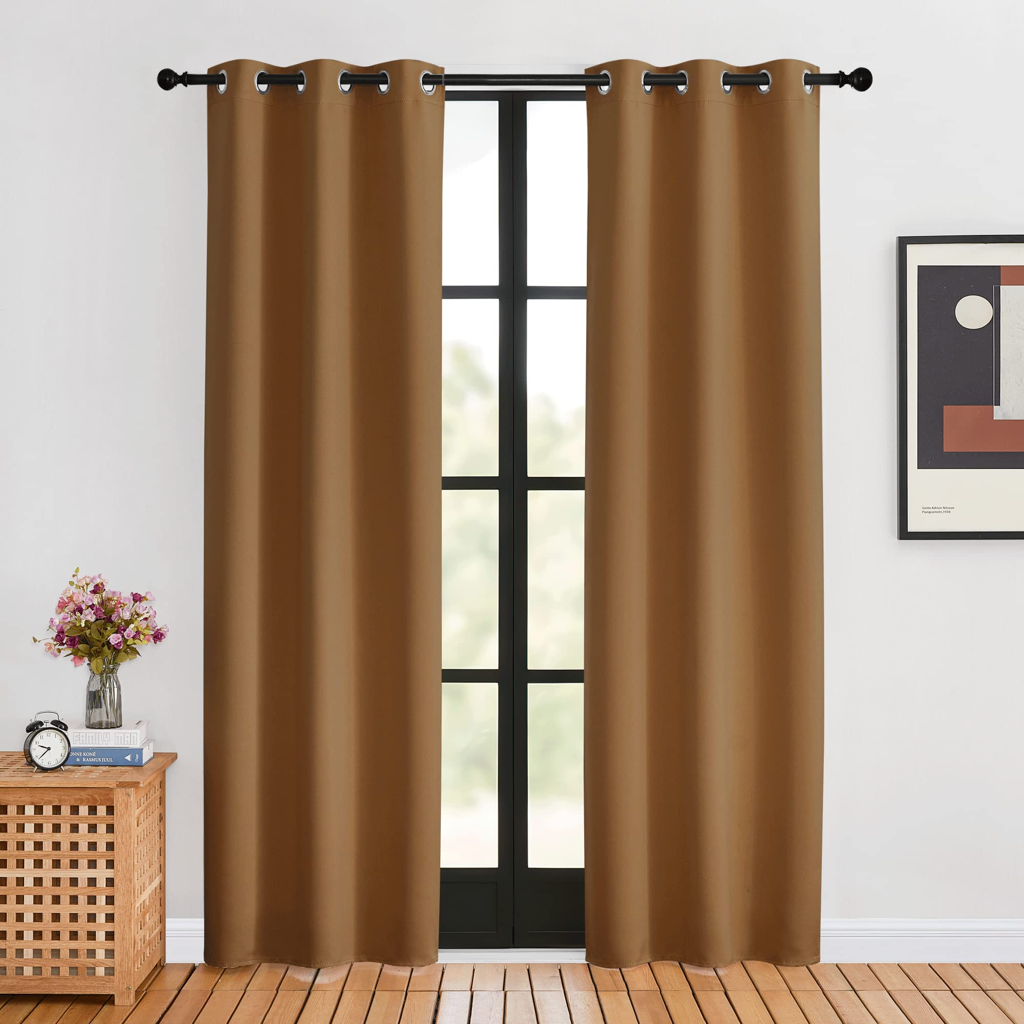 NICETOWN Window Curtain Panels, Gold Brown, 1 Pair, 34 by 80-inch, Thermal Curtains Insulated Solid Grommet Blackout Draperies/Drapes for Loft Window