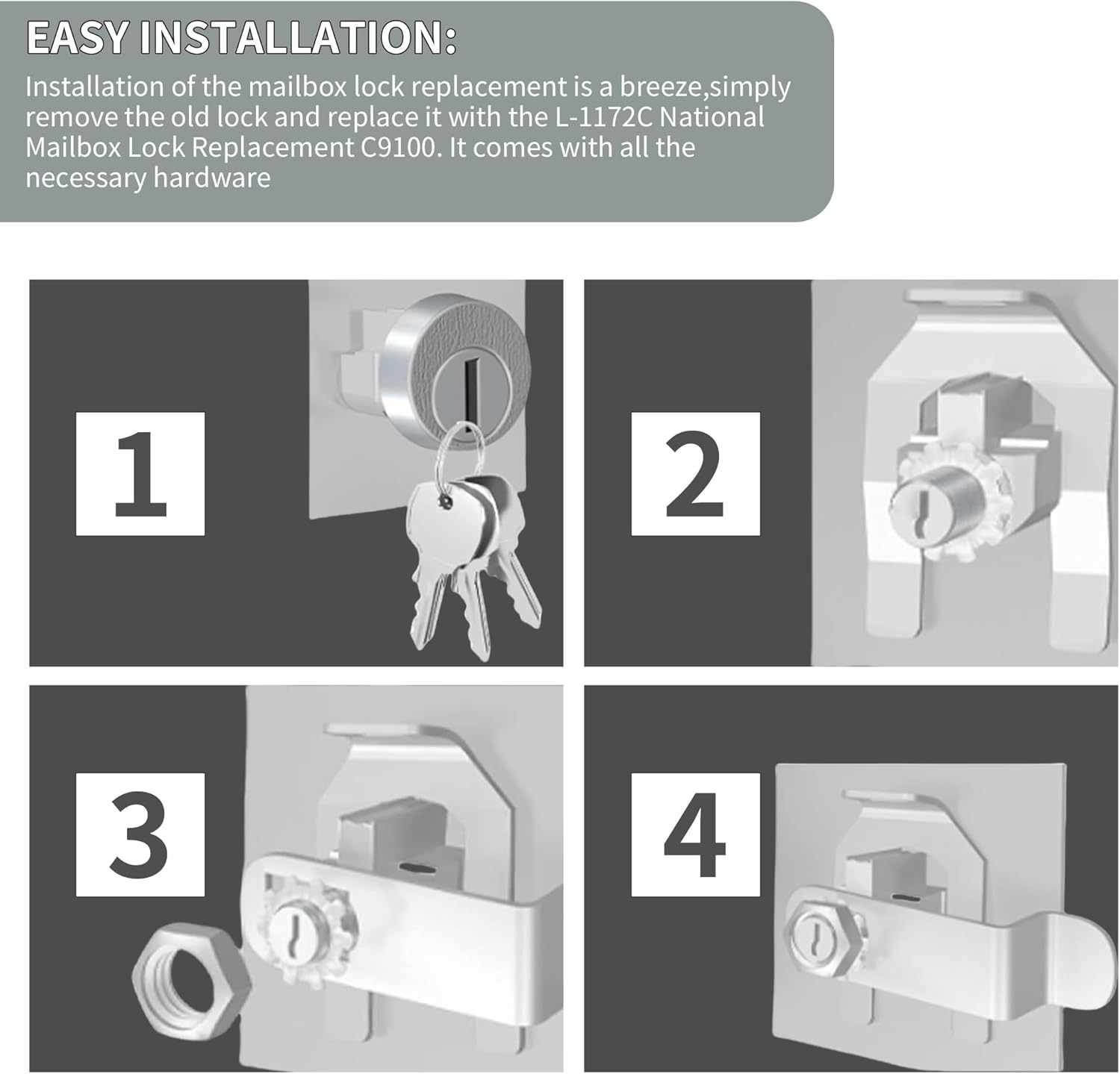 1Pcs L-1172C National Mailbox Lock Replacement for C9100 with 3 Keys | Replacement for USPS Mailbox Key Lock, Nickel Finish