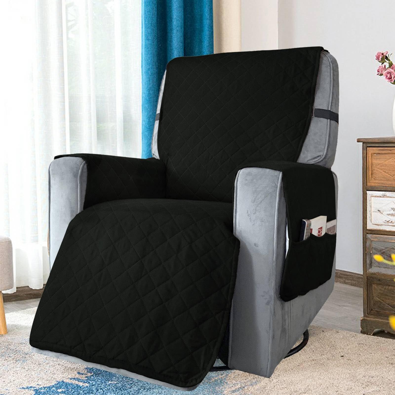 Copripoltrona reclinabile per Sedia elettrica, Copripoltrona reclinabile con 6 Tasche Laterali, Copripoltrona Regolabile, Copridivano Proteggi Poltrona per poltrone, Sedia reclinabile,Black,S