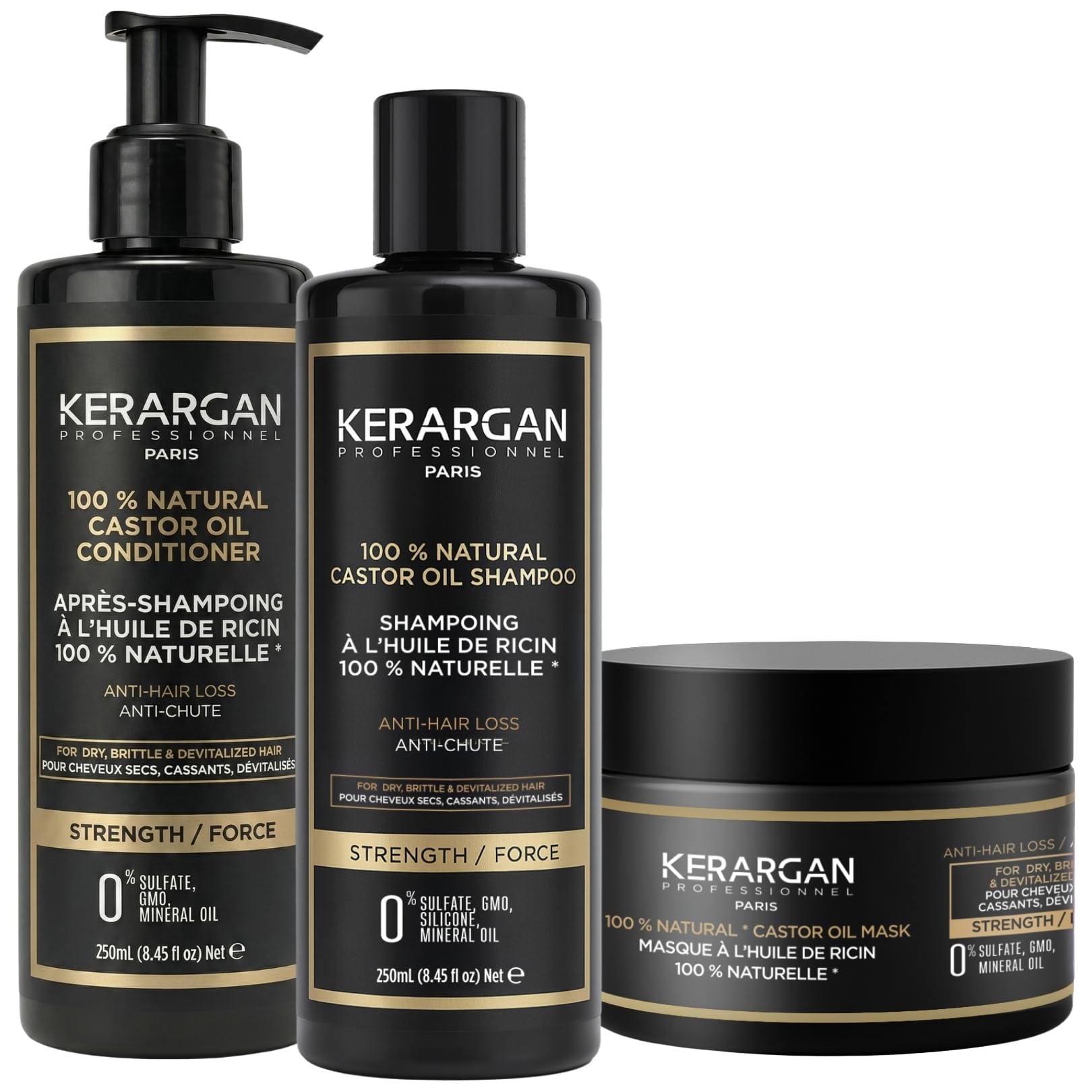KERARGAN - Trio Anticaduta Ricino: Shampoo, Balsamo e Maschera - 3x250ml | Shampoo, balsamo e maschera all'olio di ricino, routine anticaduta per capelli secchi, fragili o devitalizzati