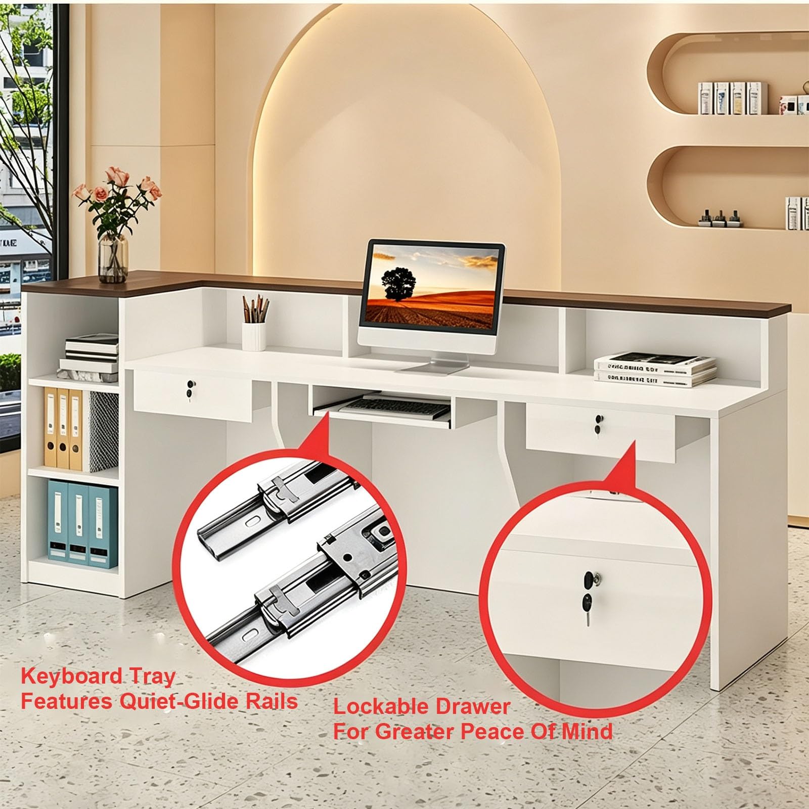 Mostrador Recepción con Cajón con Llave Mostradores para Tiendas | Mesa de Oficina Superficie amplia con estantes, bandeja para teclado para recepción y oficina.(Natural wood/Right,120cm)