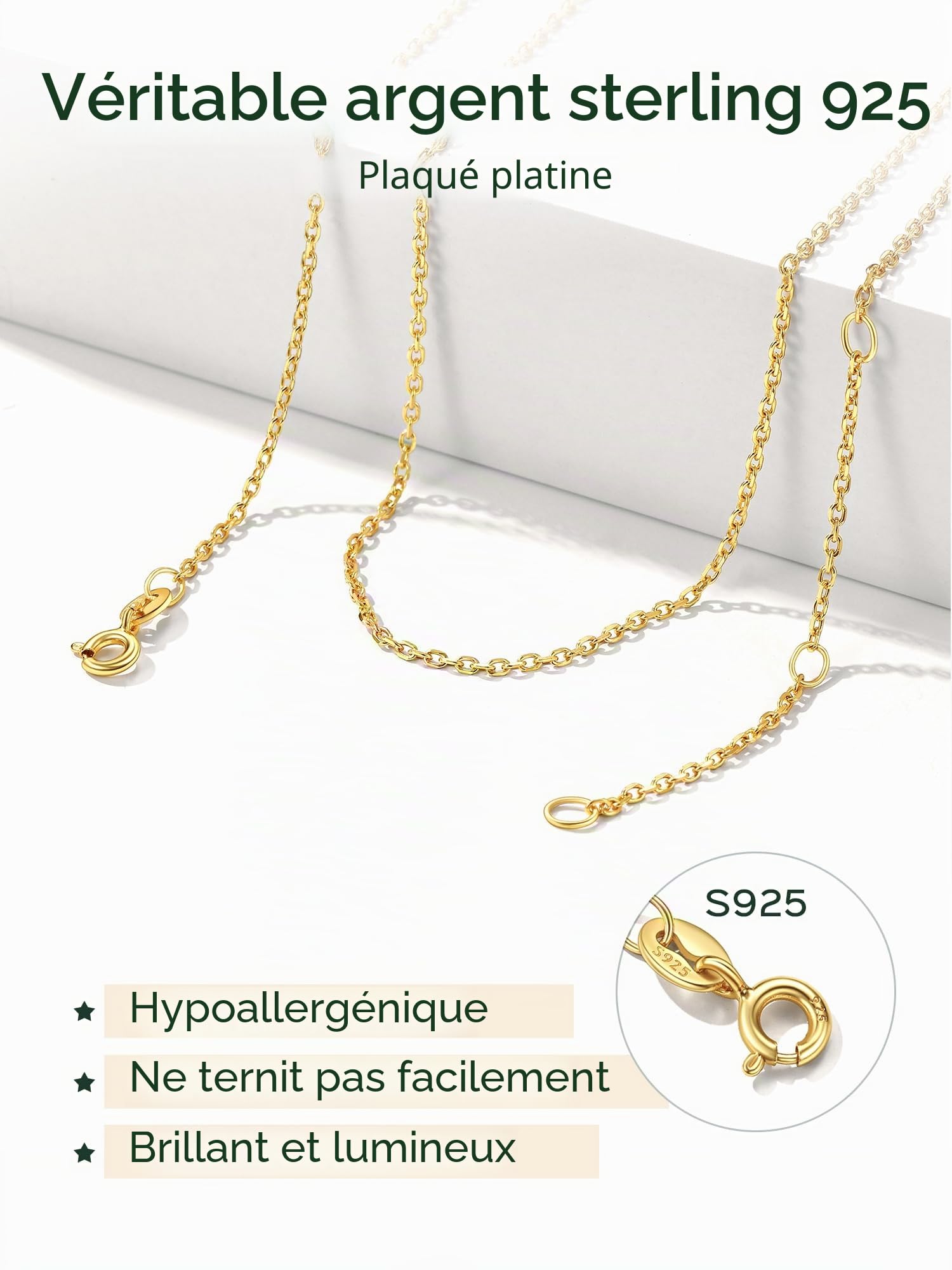 ChicSilver Chaîne Collier en Sterling Argent 925 pour Femme,Maille Plaqué Or 18 Carats Largeur 1,1/1,5 mm-Longueur 40 à 60 cm,Colliers Chaine Rolo pour Pendentif avec Boîte Bijou Cadeau