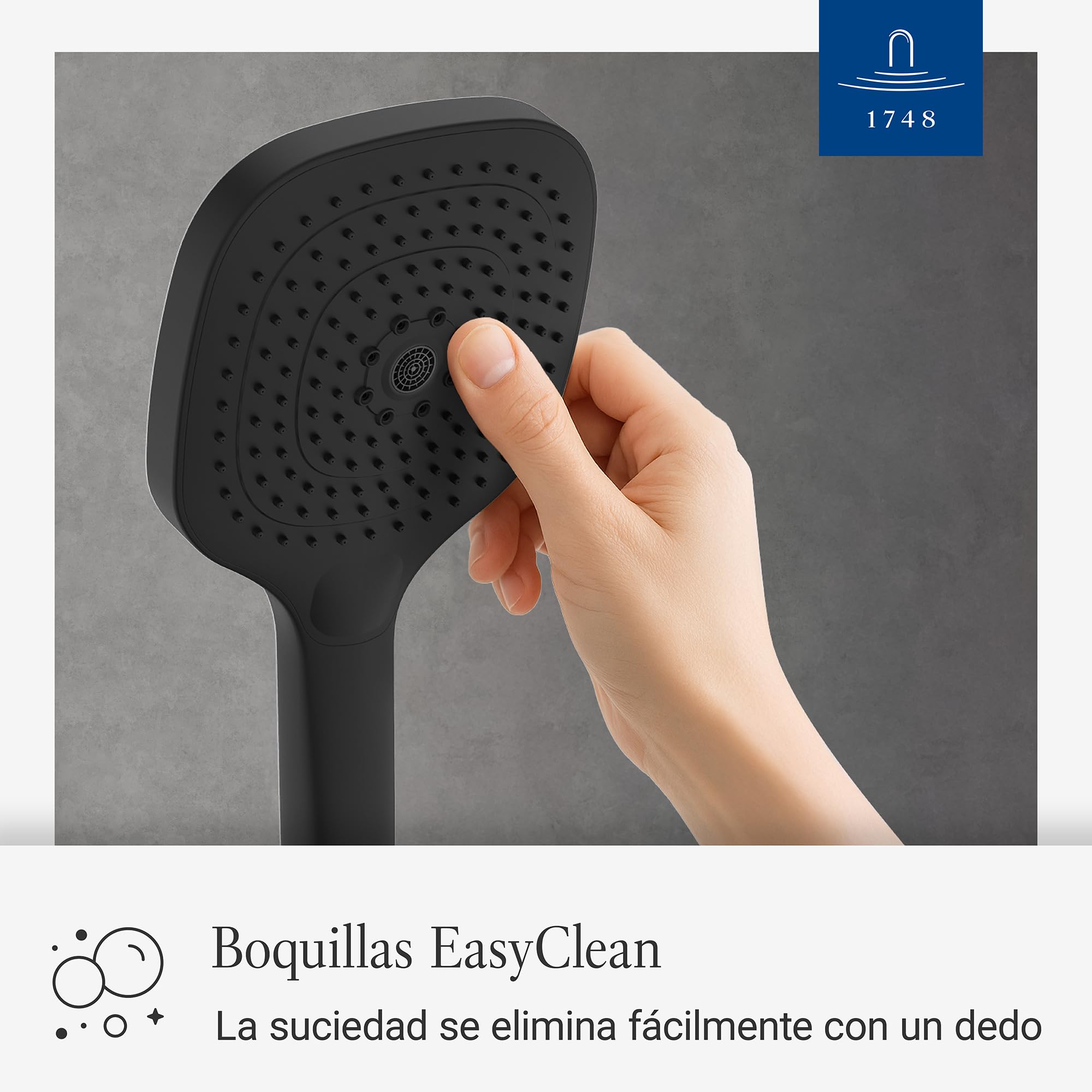 Villeroy & Boch Elody, cabezal de ducha, mango de ducha angular con tres tipos de suministro (Laminar, Massage y Velvet) y botón de modo, EasyClean, conexión universal – Negro Mate | Alcachofa de ducha angular, 3 tipos de chorro intercambiables, EasyClean