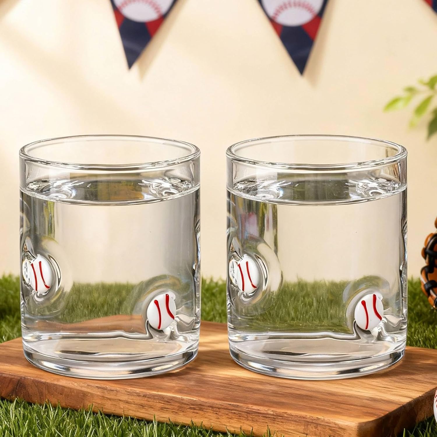 4 Pack Baseball Icon Glass Cups 14oz Icon Juice Glasses Double Old Fashioned Hand Blown Stemless Wine Glasses Reusable Drinking Cup for Birthday Sport Party Gifts Supplies (Baseball)