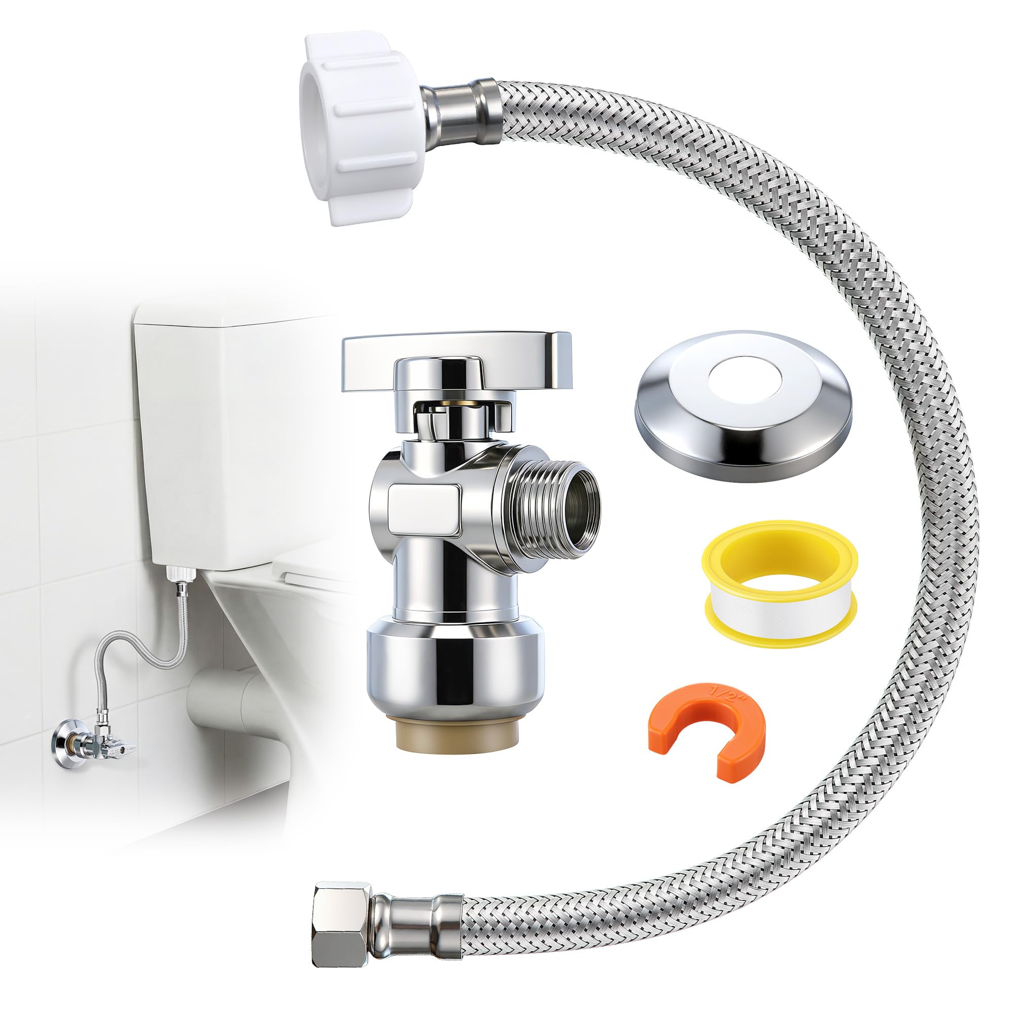 Toilet Shut Off Valve 1/2" PTC x 3/8" OD Compression 16" Supply Line kit