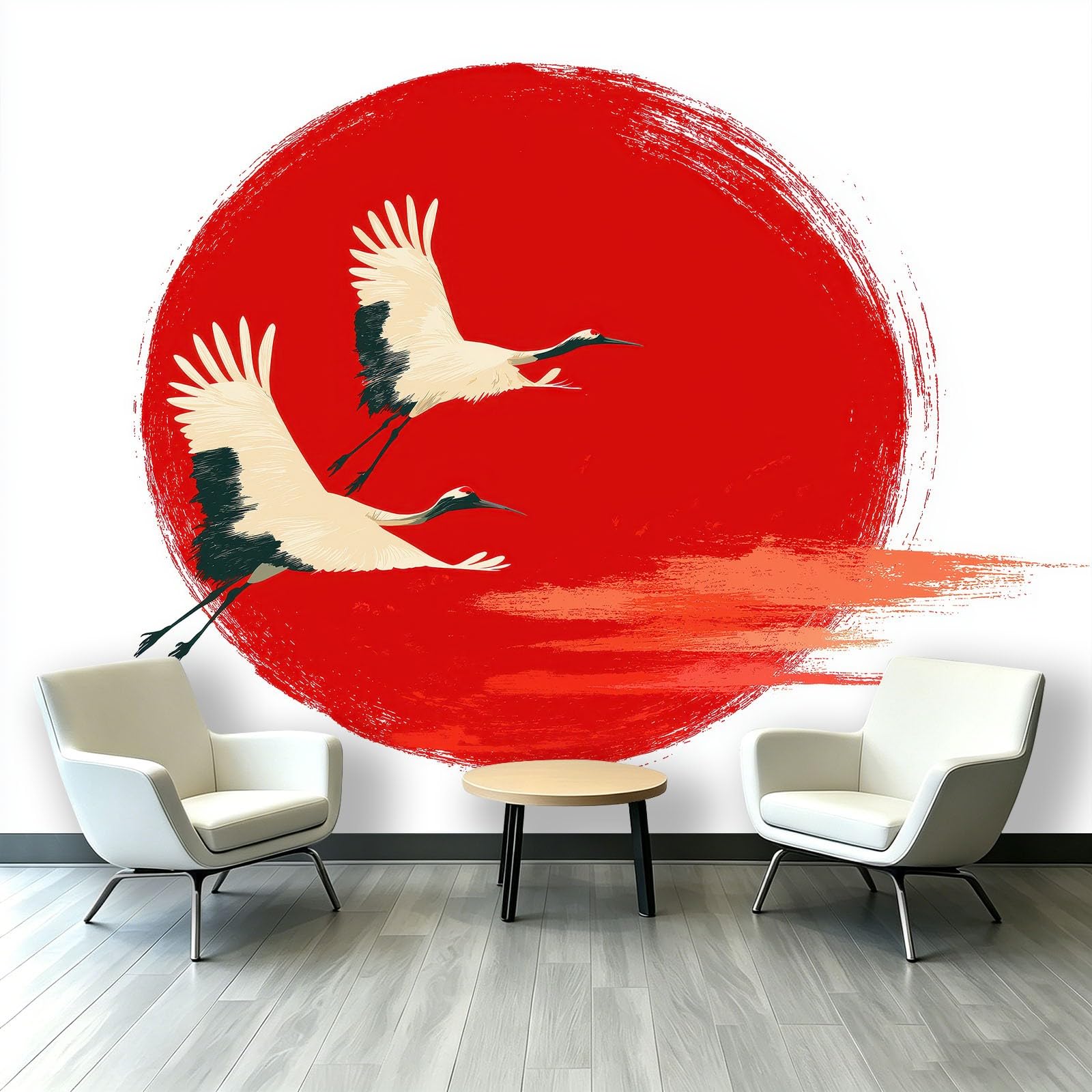 Ukiyo-E - Papel pintado fotográfico japonés de 250 x 175 cm, no tejido, de forro polar, impresión artística de sol rojo grulla para dormitorio, sala de estar, comedor, decoración de póster