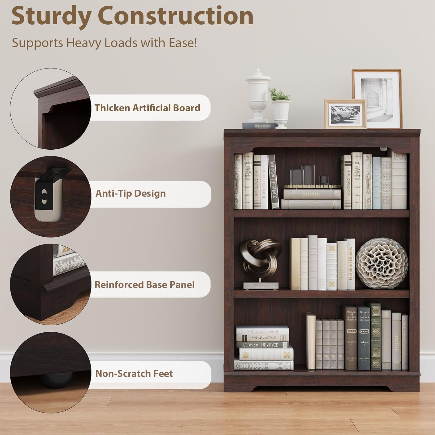 HIFYOBRO 3 Tier Bookshelf and Bookcase, 31.5" Wide Wooden Book Shelf, Freestanding Qpen Display Storage Bookshelves for Study Room, Home Office, Living Room(Chery) - Image 3