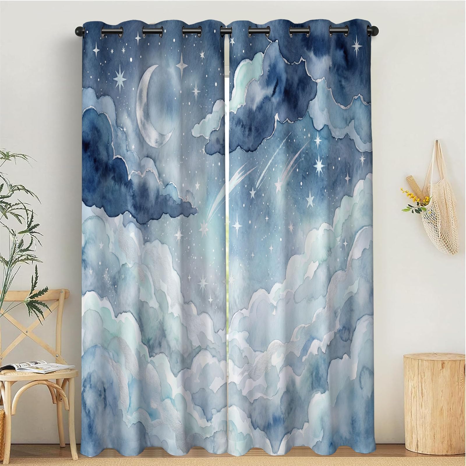 Aquarelllandschaft Vorhänge Himmel Und Wolken Ösen Gardinen Mit Blickdichte, Hellblau Thermo Vorhang H166 X B75 cm (2Er Pack) Verdunkelungsvorhänge Für Schlafzimmer Verdunkelung Fenster