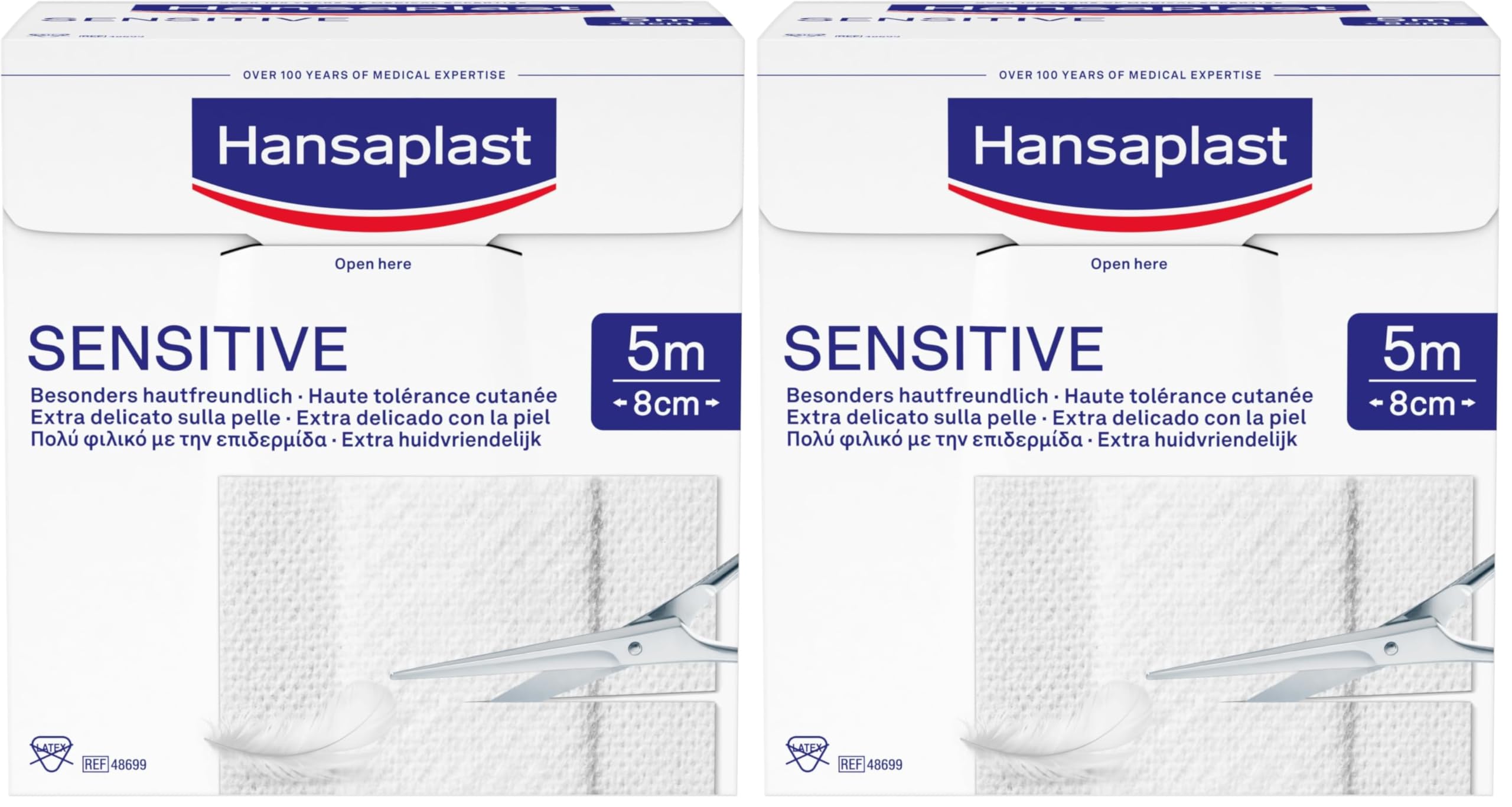 Hansaplast Sensitive Pflaster (5 m x 8 cm), zuschneidbare und hautfreundliche Wundpflaster mit sicherer Klebkraft, schmerzlos zu entfernende Pflaster (Packung mit 2)