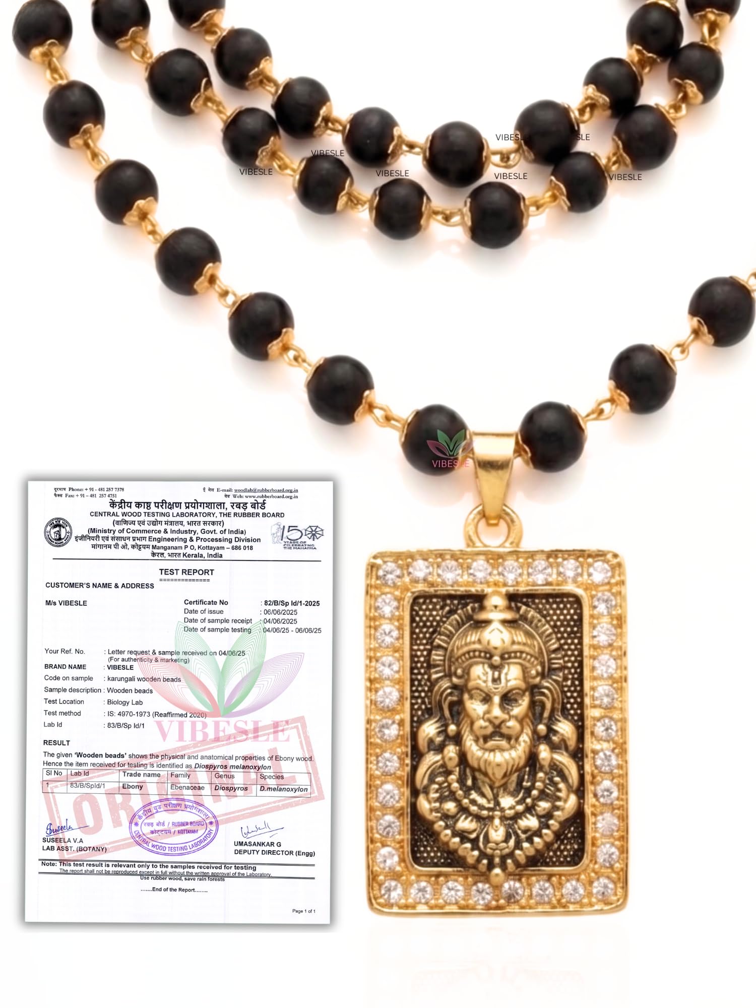vibesle Original Karungali Wood Mala 54 Beads with Gold-Plated Hanuman Pendant | Authentic Ebony Wood Spiritual Necklace | CZ Micro-Pavé Religious Locket for Men & Women-picture-4