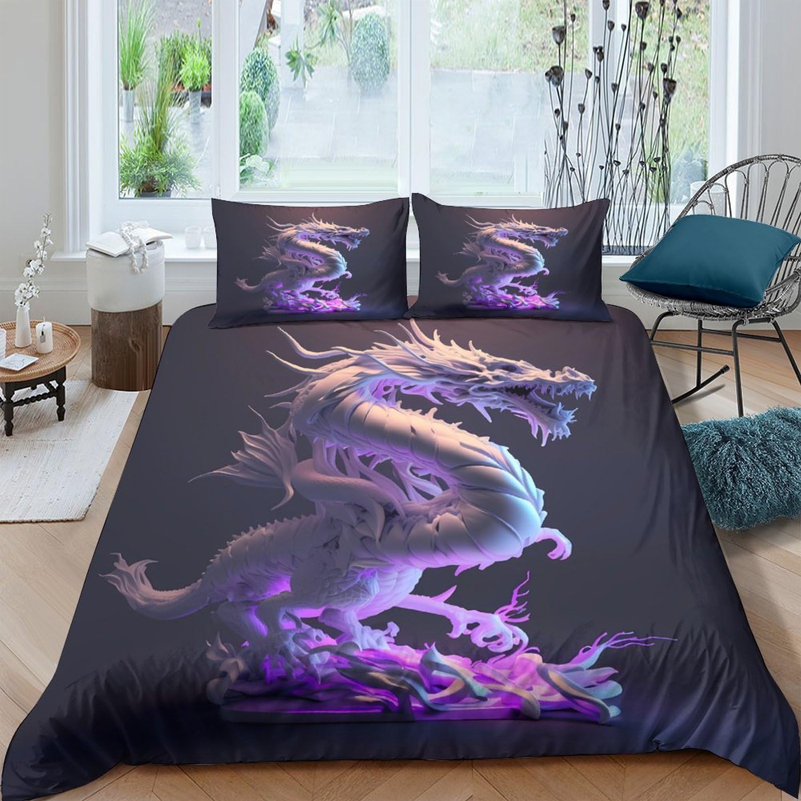 Ctjqhvkz Style-7 3D Printed Purple Dragon Fitted Sheet Microfiber Soft Breathable Fantasy Flame Bed Cover For Bedroom Or Guest Room Single（135X200cm）