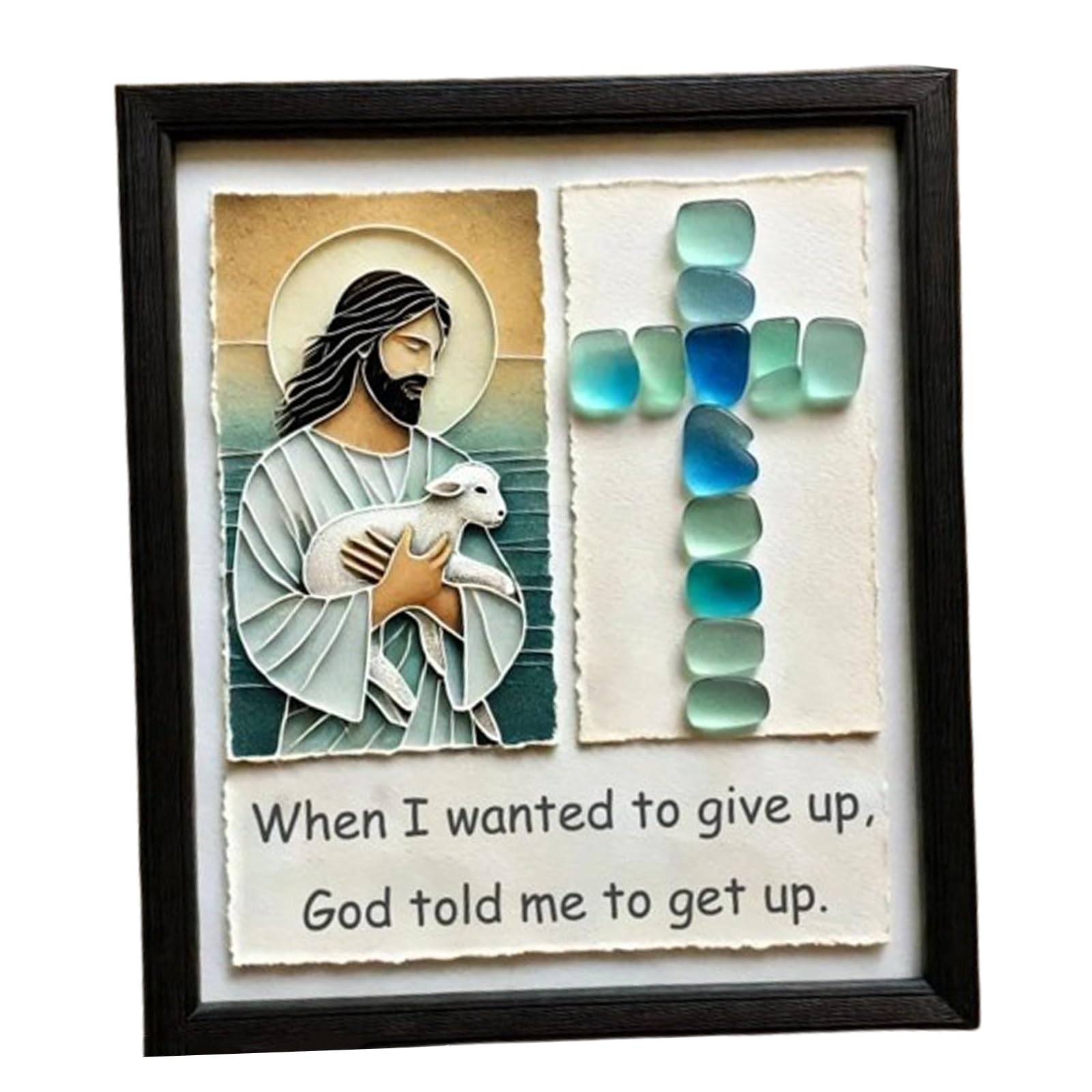 OEUBEQ Sea Glass Christian Wall Art, Christ Saves The Lost Lamb Art Decorative Ornaments, Handmade Cross Sea Glass Artwork, Jesus and Cross Sea Glass Wall Art Frame Gift A