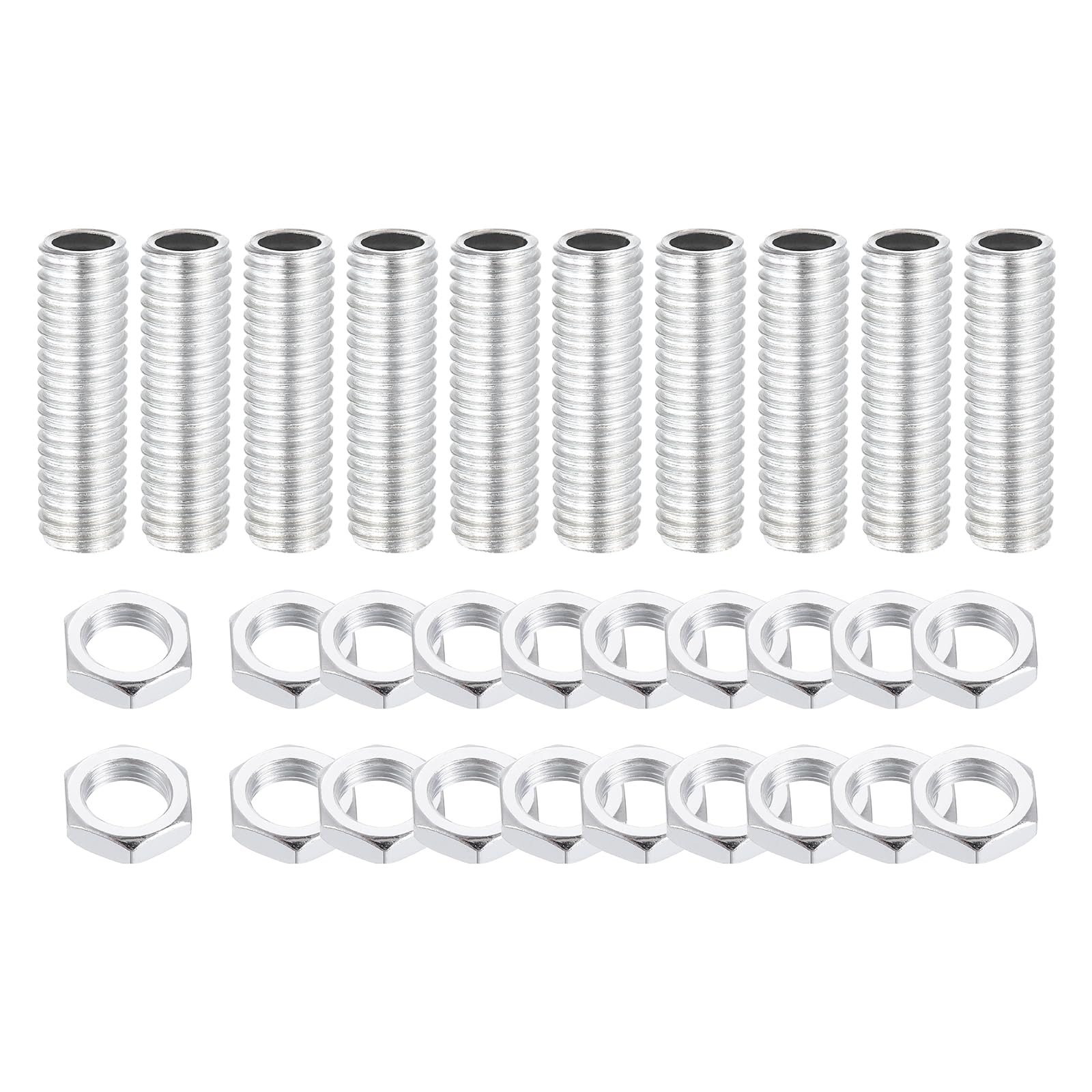 sourcing map 10Pcs 1.4" Lamp Pipe Nipples Kit with Lock Nuts, M10x1.5 Coarse All Threaded Hollow Tube Lamp Repair Hardware Fasteners for Chandelier Ceiling Lamps Assembly DIY, White Zinc