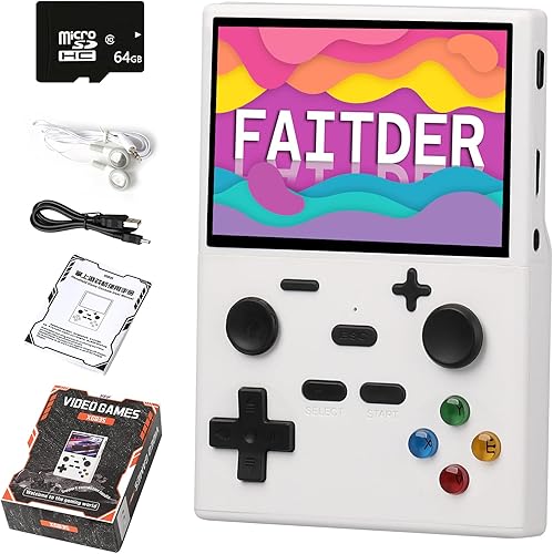 XGB35 Consola de videojuegos retro de 3.5 pulgadas con tarjeta TF de 64 GB, soporte para más de 13,000 juegos, salida recargable portátil de TV de