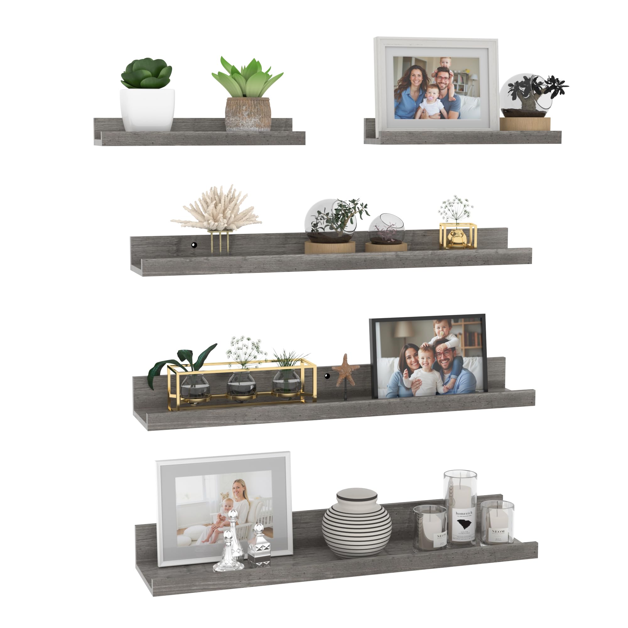 Giftgarden 24 Inch Wall Mounted Floating Shelves Set of 5, Grey Wood Wall Shelves for Bathroom, Bedroom, Kitchen, Living Room Storage and Decoration, Gray Wooden Picture Ledge