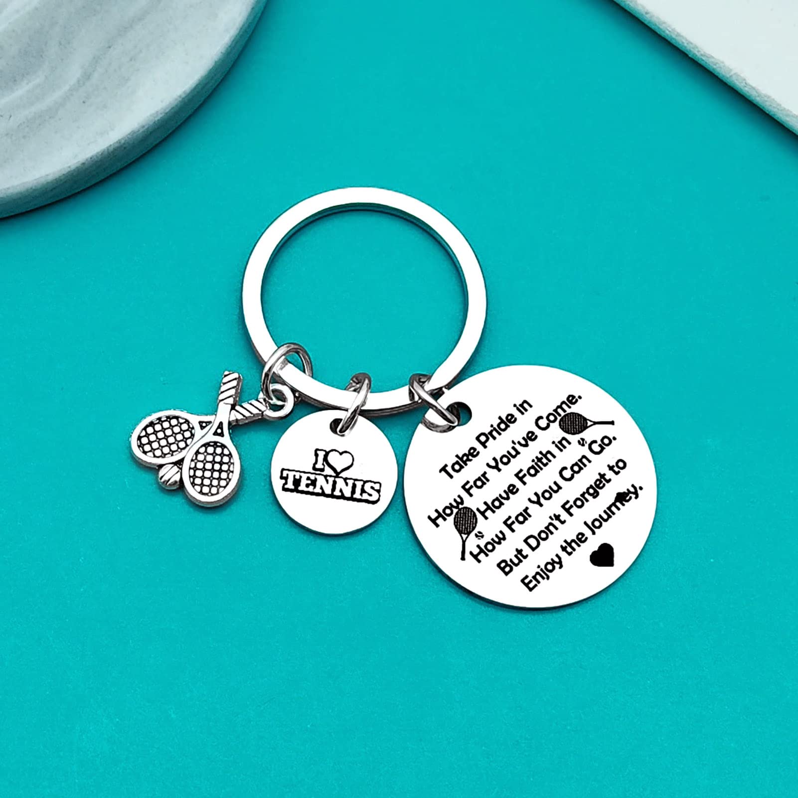 Ximalun Tennis Keyring: 'Take Pride, Have Faith, Enjoy the Journey', Silver, Unisex, Sports Gift for Tennis Players Teams - Image 2