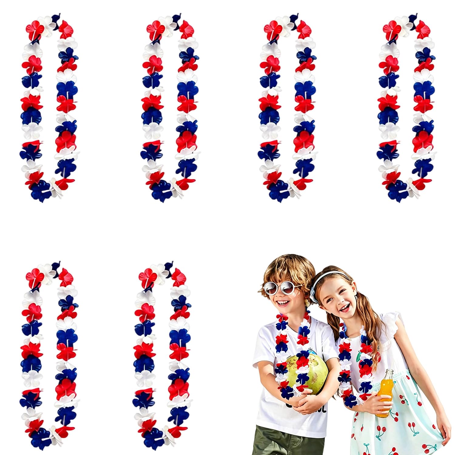 Lot de 6 Colliers Hawaïens Bleu Blanc Rouge, accessoire supporter France pour matchs de football, collier de fleurs en polyester 96cm pour adultes et enfants, idéal pour fêtes
