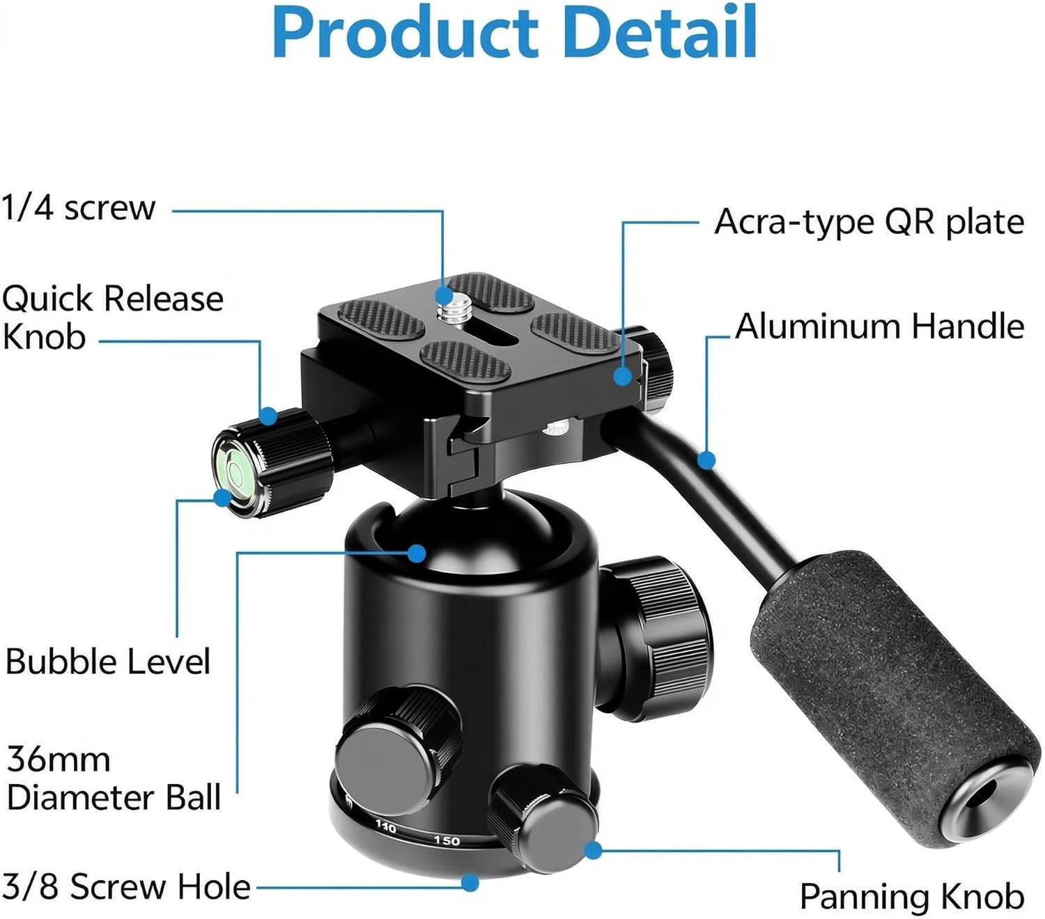 TONYBOO TYF-0 Ball Head with Handle,36mm Camera Tripod Ball Head with Arca Swiss Quick Release Plate & Bubble Level,360° Panoramic Head for Tripod, Monopod,DSLR Camera,Birdwatching, Load 17.6lbs/8kg