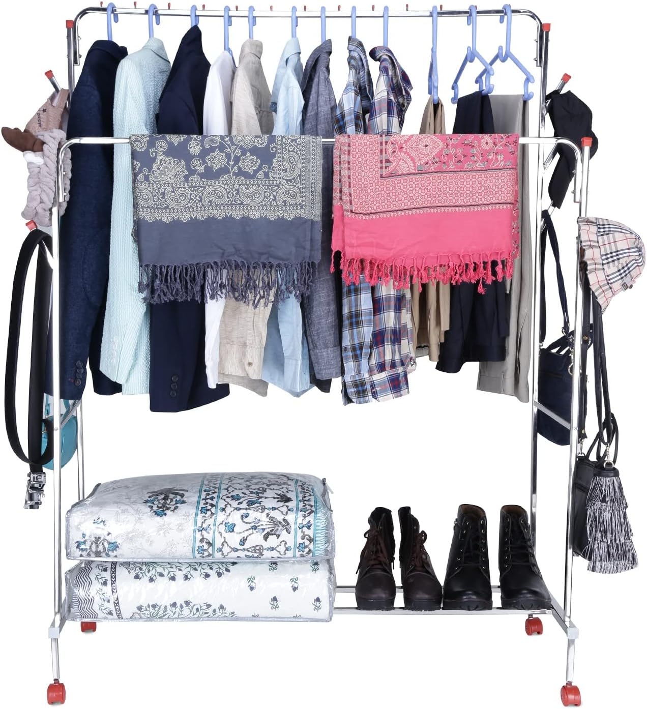 VEEN LIFETIME Stainless Steel Double Pole Multipurpose Clothes Rack with Bottom Shelf Unique Display Stand