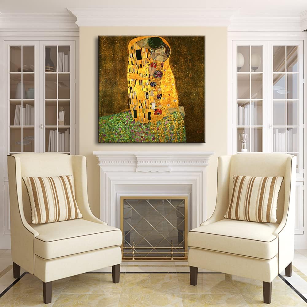 Wieco Art Extra Large The Kiss by Gustav Klimt Famous Oil Paintings Reproductions Stretched and Framed Modern Giclee Canvas Prints Artwork Pictures on Canvas Wall Art Ready to Hang for Home Decor
