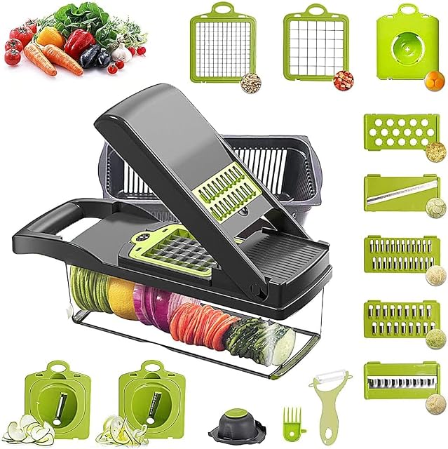 Veggie Chopper, 15 in 1 Vegetable Slicer Cutter, Multi-Function Mandoline Slicer for Onion Salad Tomato with Vegetable Spiralizer Blades by GIB Cleaningtool(Grey)
