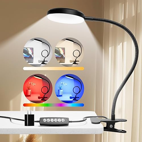 Miniatura 1 de Lámpara de escritorio con abrazadera, 2 en 1 (10 W) cuello de cisne LED con luz ambiental RGB y luz blanca cálida, luz de libro cambiableluz de