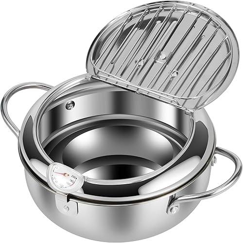 Miniatura 7 de Olla de freidora profunda de acero inoxidable 304 de 11 pulgadas4.2L, estilo Janpanese Tempura con cesta coladora y termómetro, olla con asa,