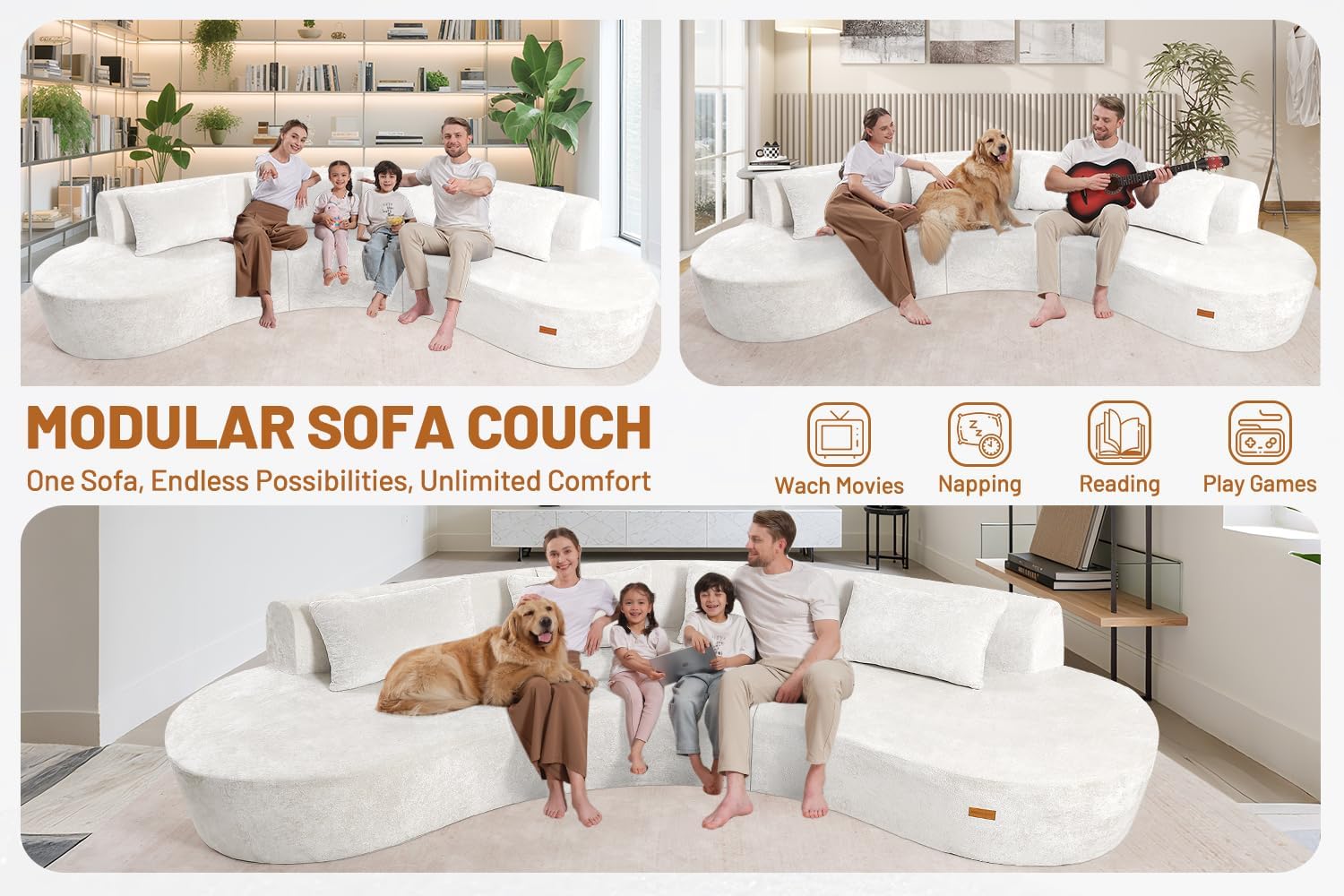 Homguava 130'' Modular Sectional Sofa,Curved Modern Sofa with Memory Foam,Deep Seat Cloud Couch with 4 Pillows,Upholstered Oversized Couches for Living Room Apartment Office,No Assembly Required-Beige
